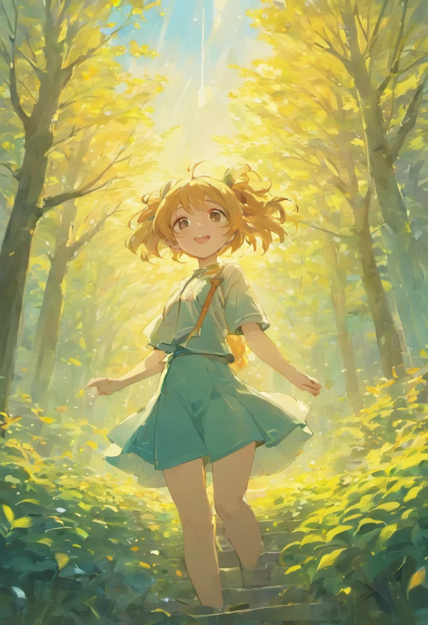 a scene set in a beautiful daytime setting. The background features majestic mountains, their peaks reaching high into the sky. In the foreground, there are tall and vibrant trees, their branches swaying gently in the breeze. The sunlight bathes the entire scene in a warm and inviting glow, creating soft shadows as it filters through the leaves. In the center of the scene stands a girl, with a bright and genuine smile on her face, radiating happiness and contentment.