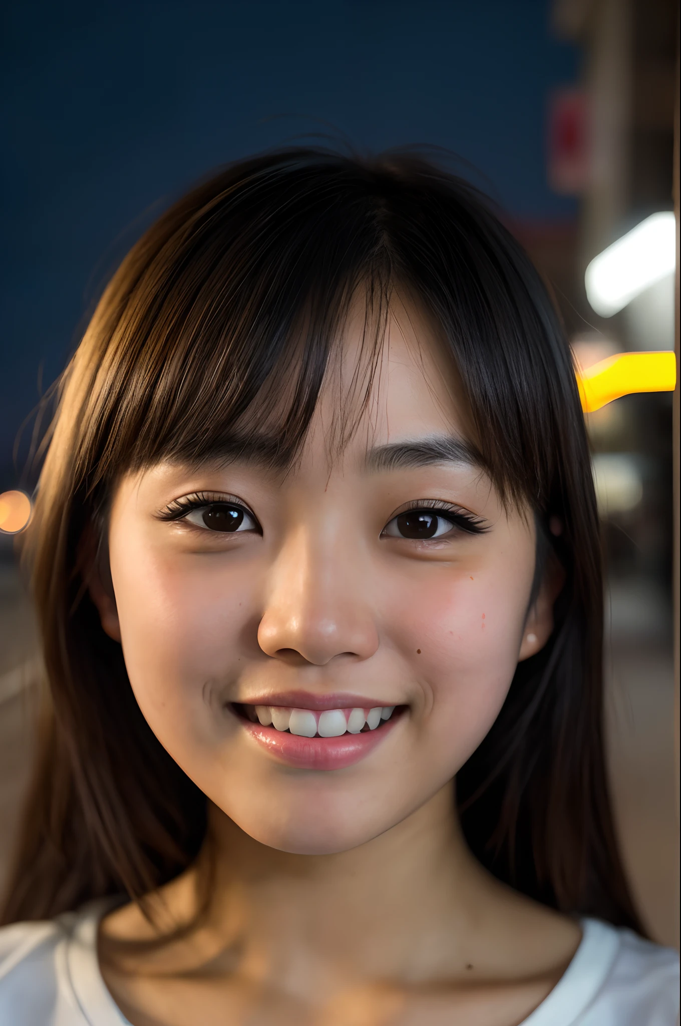 (close-up, editorial photograph of a 21 year old japanese girl), (highly detailed face:1.4) (smile:0.7) (background city streets at night:1.3) POV, by lee jeffries, nikon d850, film stock photograph ,4 kodak portra 400 ,camera f1.6 lens ,rich colors ,hyper realistic ,lifelike texture, dramatic lighting , cinestill 800,