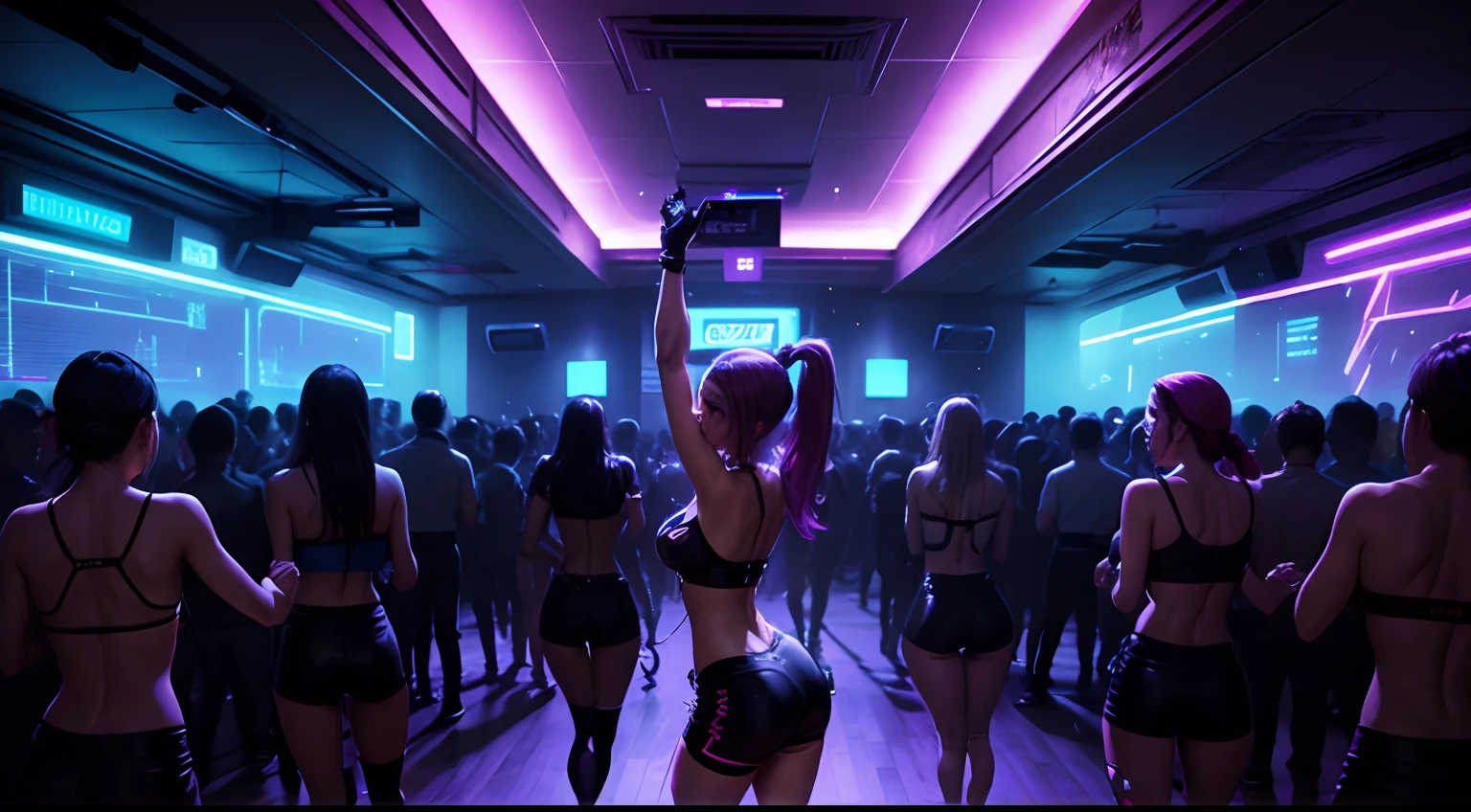 Inside the club at night, with girls dancing, Cyberpunk