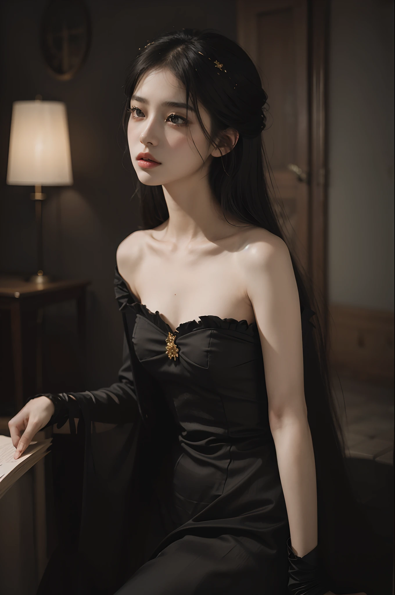 Nostalgia and aesthetics ,1girll,Black dress,Melancholy,Nostalgic,Solitude,Elegance and sophistication,soft and warm lighting,Vintage elements,blueflower, Ethereal pastel color palette,Focus on black and gold, Detailed textures,evocative composition,JnTrp