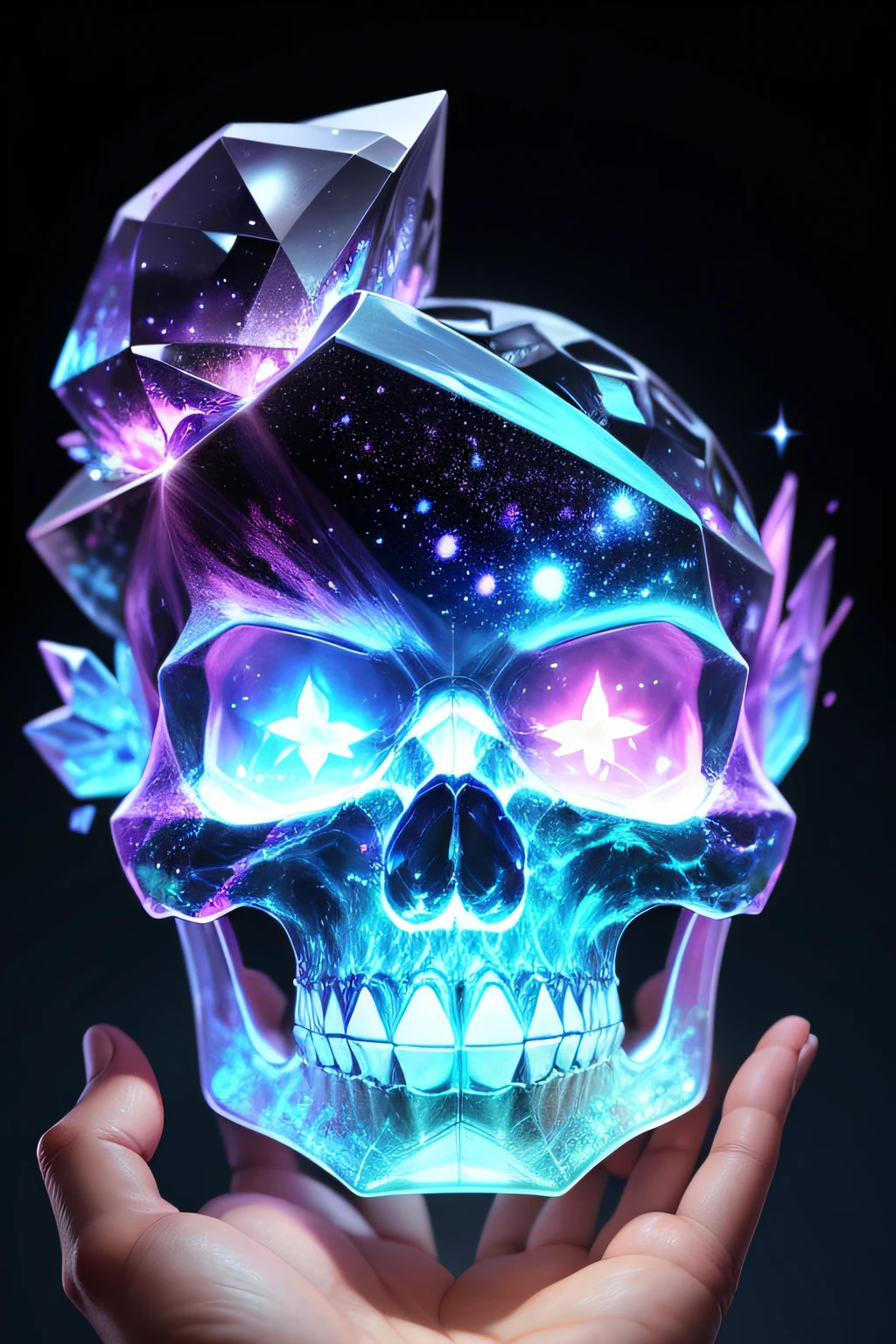 a very detailed and magnificent crystal skull reveals the very detailed galaxy and stars inside it