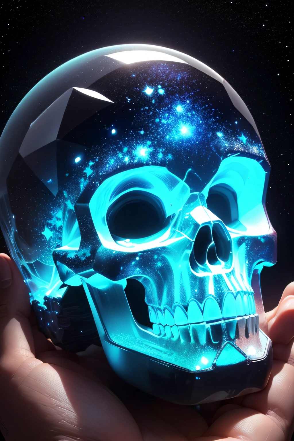 a very detailed and magnificent crystal skull reveals the very detailed galaxy and stars inside it