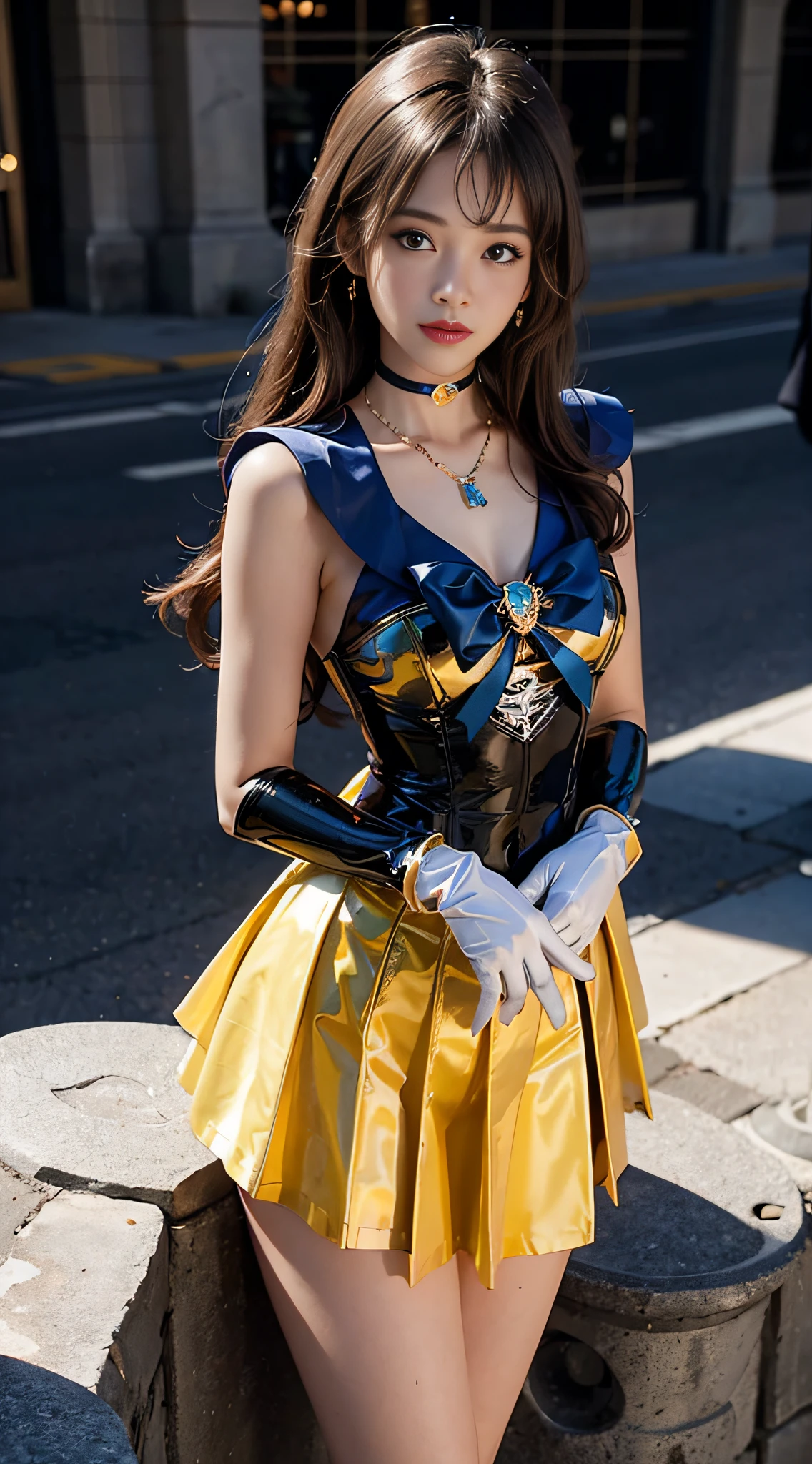 ((masterpiece:1.4)、(top-quality:1.4)、(reallistic:1.7))、masuter piece:1.4、a beauty girl、(sailormoon:1.4)、Sexy female combat suit sticking to body、(latex shiny)、(The jacket is a white sleeveless sailor suit)、(Skirt is blue sexy ultra ultra mini skirt)、The collar of the sailor suit is blue with two thin lines.、Red cloth ornament at chest、(Wearing white gloves)、Kawaii Girl、Super beauty、foco nítido、Portrait photos、Upper body photography:1.4、beautiful countenance、beautidful eyes、Narrow waist、(Yellow long hair:1.4)、Raw photo、red-lips、Red boots:1.4、a choker:1.4、a necklace:1.4、耳Nipple Ring:1.4、1 screen display、Outdoor landscape