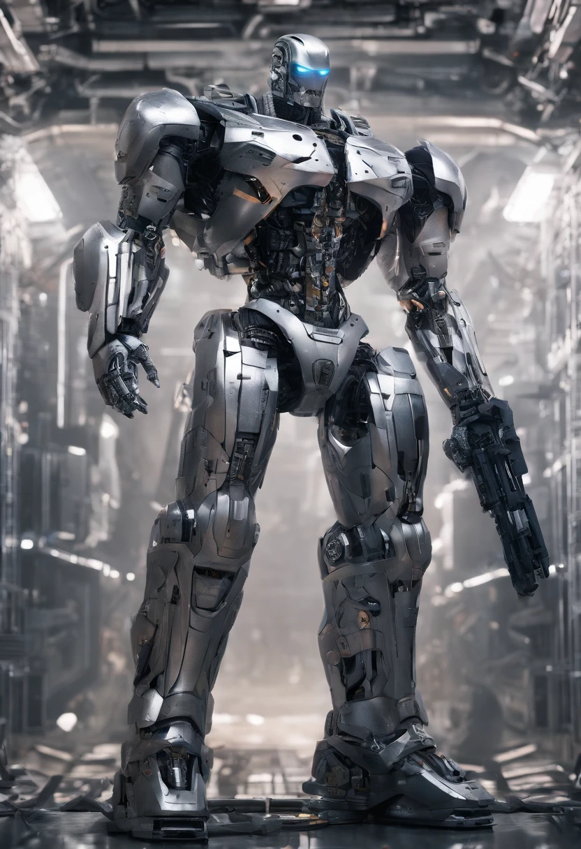 terminator, full body photo, gray skin with scales, cybernetic, silver technological armor, robotic armor, batman, authentic background