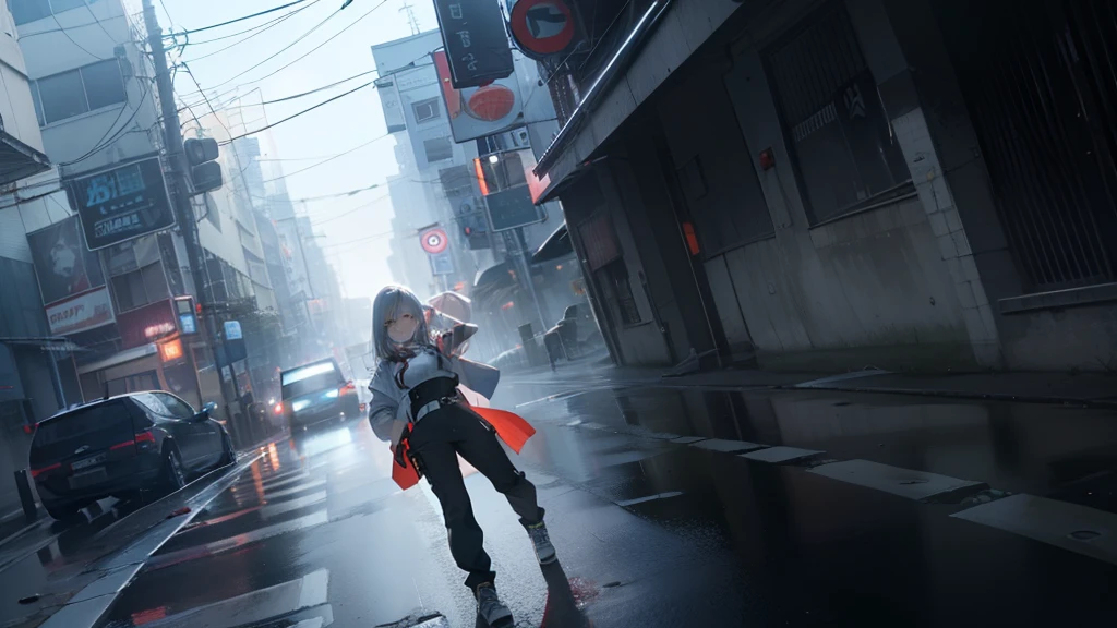 (8k, Foto RAW, best quality, masutepiece:1.2), (Realistic, Fotorrealista:1.4), (papel de parede CG Unity 8k altamente detalhado), Dance, Artistic leaps, break dance, Movimentos extenuantes, Dinamismo、Cyberpunk、Atmosfera de Blade Runner、Steam is coming out of the exhaust port on the road surface、The road surface is wet、solo、fluttering hair、Mulheres Bonitas、um rosto pequeno、Abdominals、pele escura、17 anos、sorriso brilhante、meia boca aberta、White teeth are visible、(asymmetrical bangs、Cor morena、cabelo sobre um olho、cabelos longos desgrenhados)、(Cargo pants with thread、Esportes、white sneakers)、(delicados dedos detalhados、corpo detalhado、Detailed arms、human hands)、(Rosto detalhado) 、(em 8k、qualidade superior: 1.4、obra prima、 The ultra-A high definition、 Top resolution,、ighly detalhado、 profetional lighting、 Gray light illumination、low angle from below、Soprando vapor na paisagem、Neblina na paisagem、nevoento、