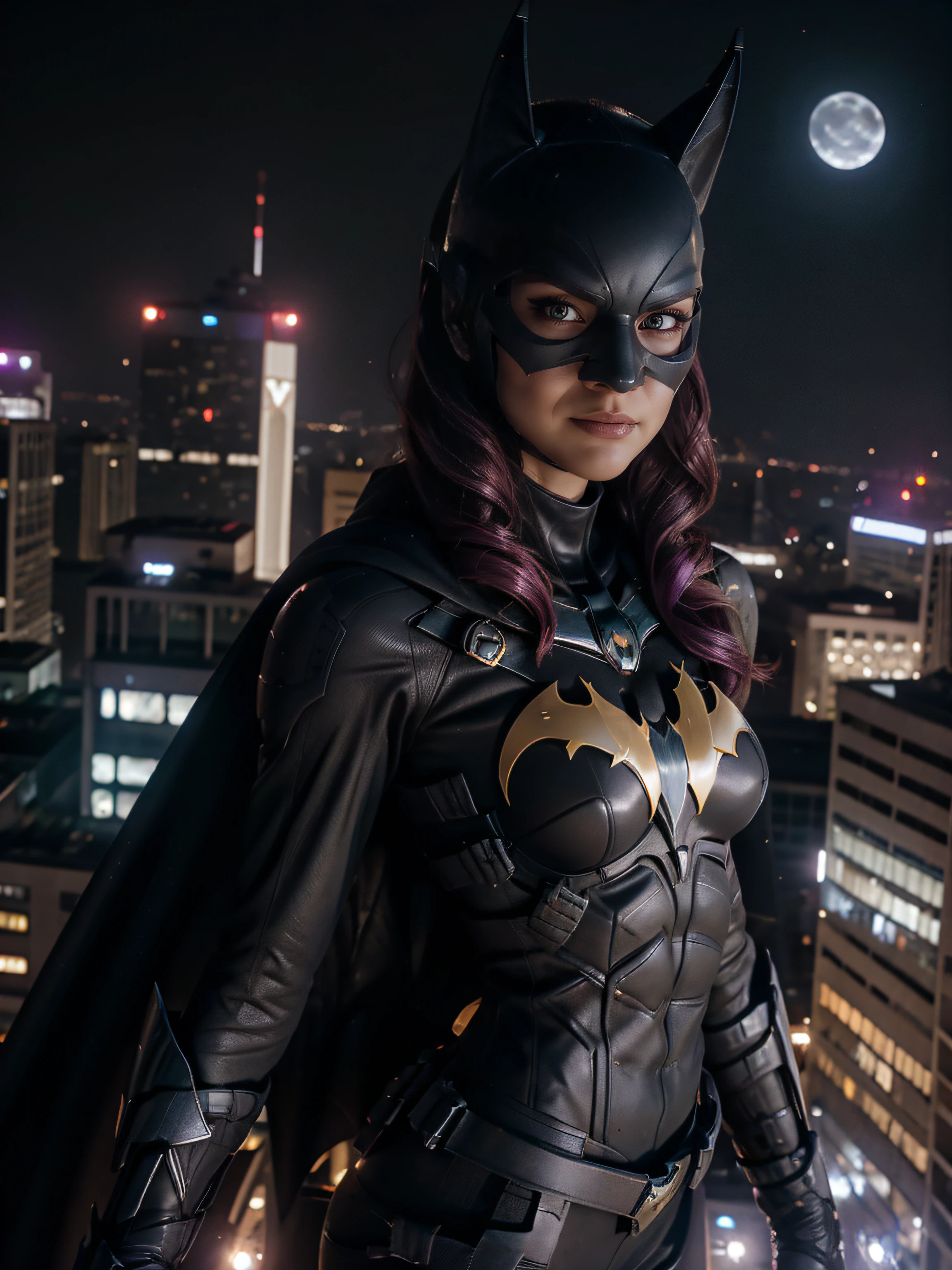 Batgirl, batgirl mask, superheroe pose, angry face, imponent, at night, top of building, watching the city, below view, f 1. 2, sharp focus, 8 k high definition, fisheye lens. planeando sobre la ciudad, full moon. calidad alta, grey eyes, punching to the camera