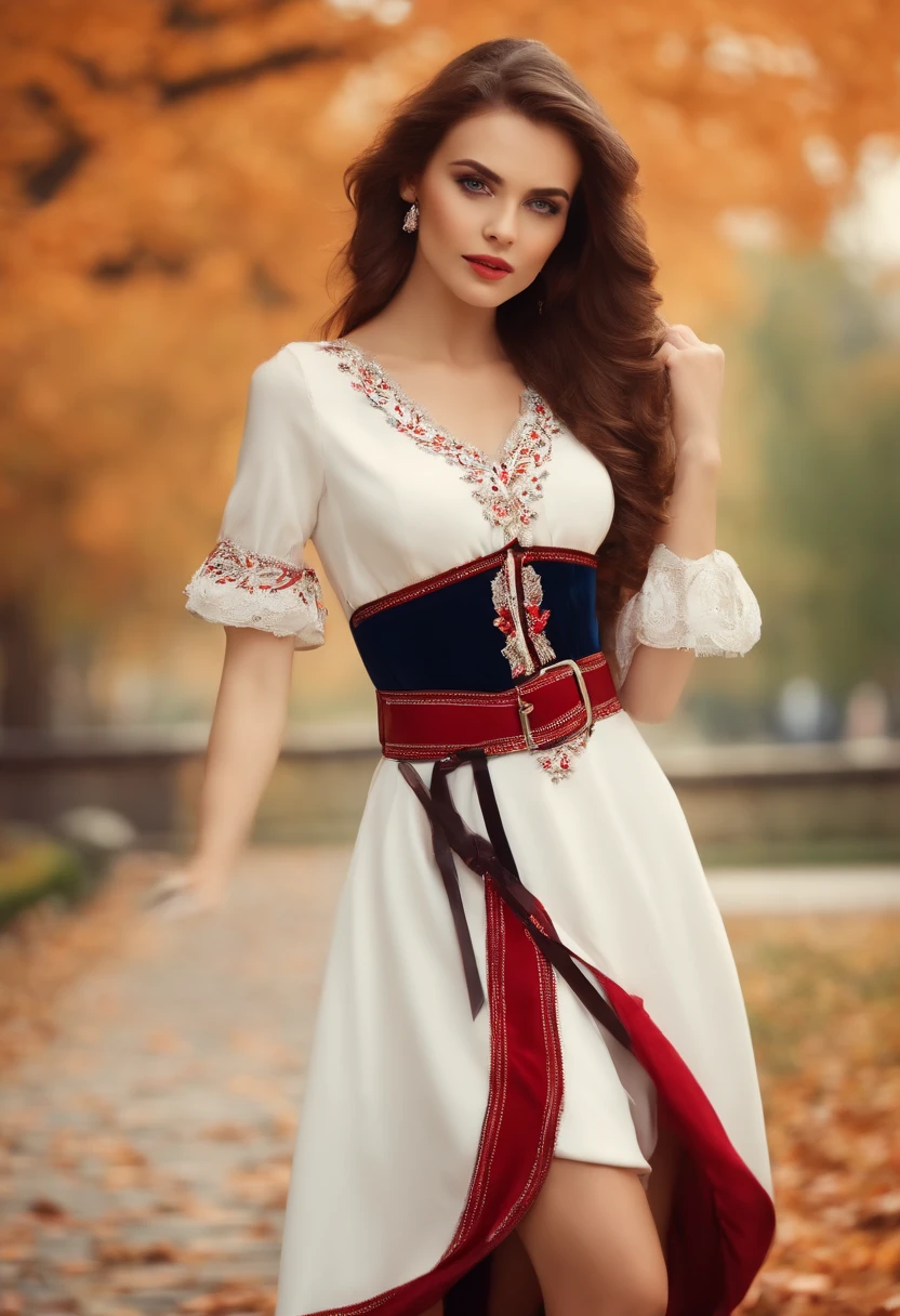 A brown hair sexy girl, free , Blue big eyes , Soft Makeup, Red white dress with black styled belt ,Belt engravings, White shoes ,Outside yard Palace ,Autumn ,Falling leaves