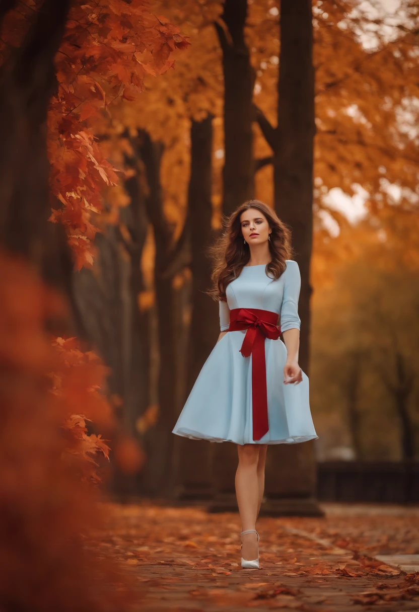 A brown hair sexy girl, free , Blue big eyes , Soft Makeup, Red white dress with black styled belt ,Belt engravings, White shoes ,Outside yard Palace ,Autumn ,Falling leaves