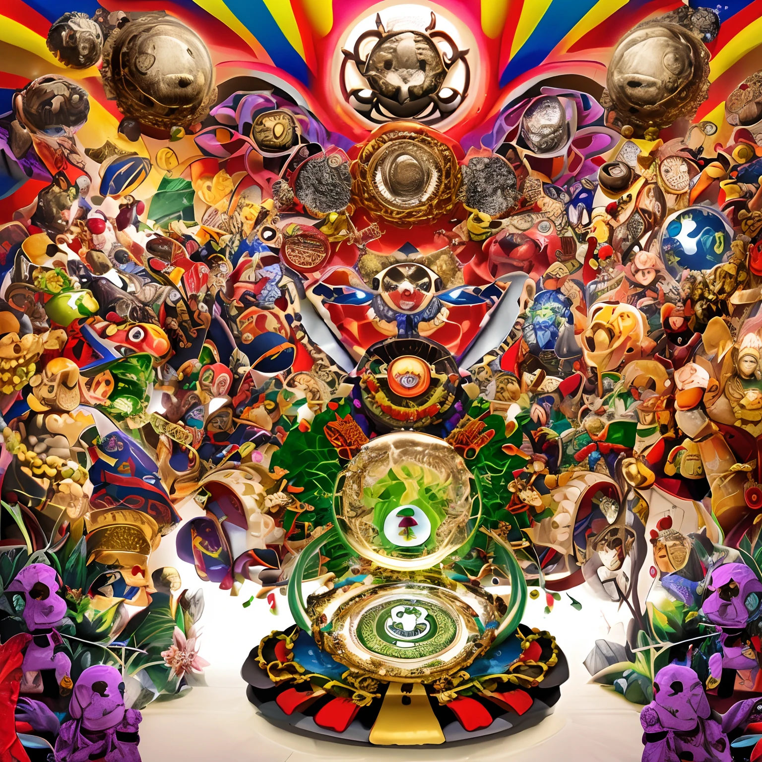 The image of the Anthropophagous Manifesto could depict a plaque full of diverse cultural elements being devoured by an anthropophagic figure, symbolizing the absorption and transformation of these foreign influences by Brazilian culture. The dish could contain symbols of different cultures, como instrumentos musicais, Obras, Religious symbols, entre outros. This image would represent the idea that Brazilian culture feeds on external influences to create something unique and original.