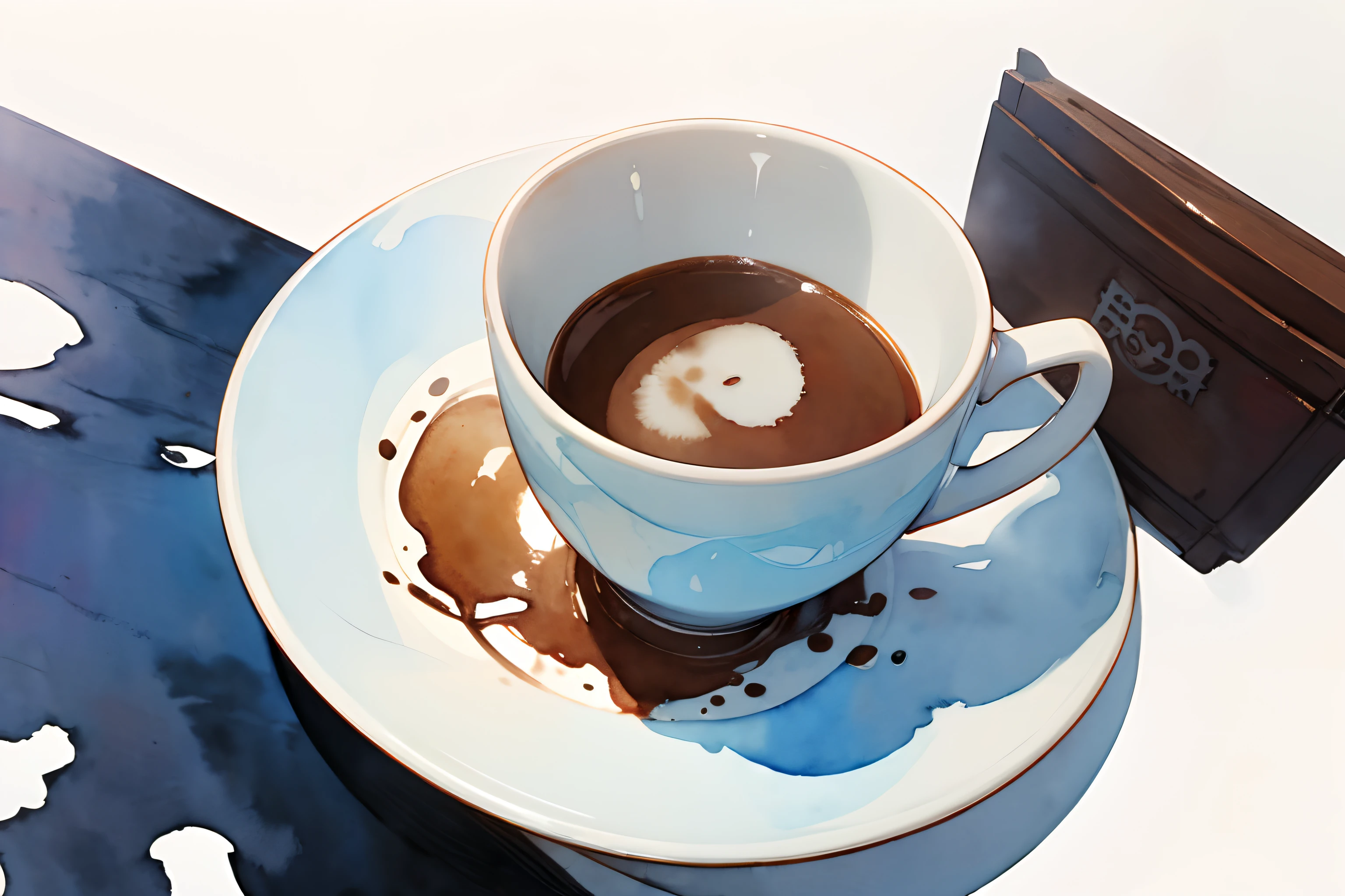 ((masutepiece)), (Professional Photography:1.2), (High Definition:1.3), Best Quality, (watercolor painting:1.3), (simple white background:1.10), wide shot, pale blue fine ink, coffee cup