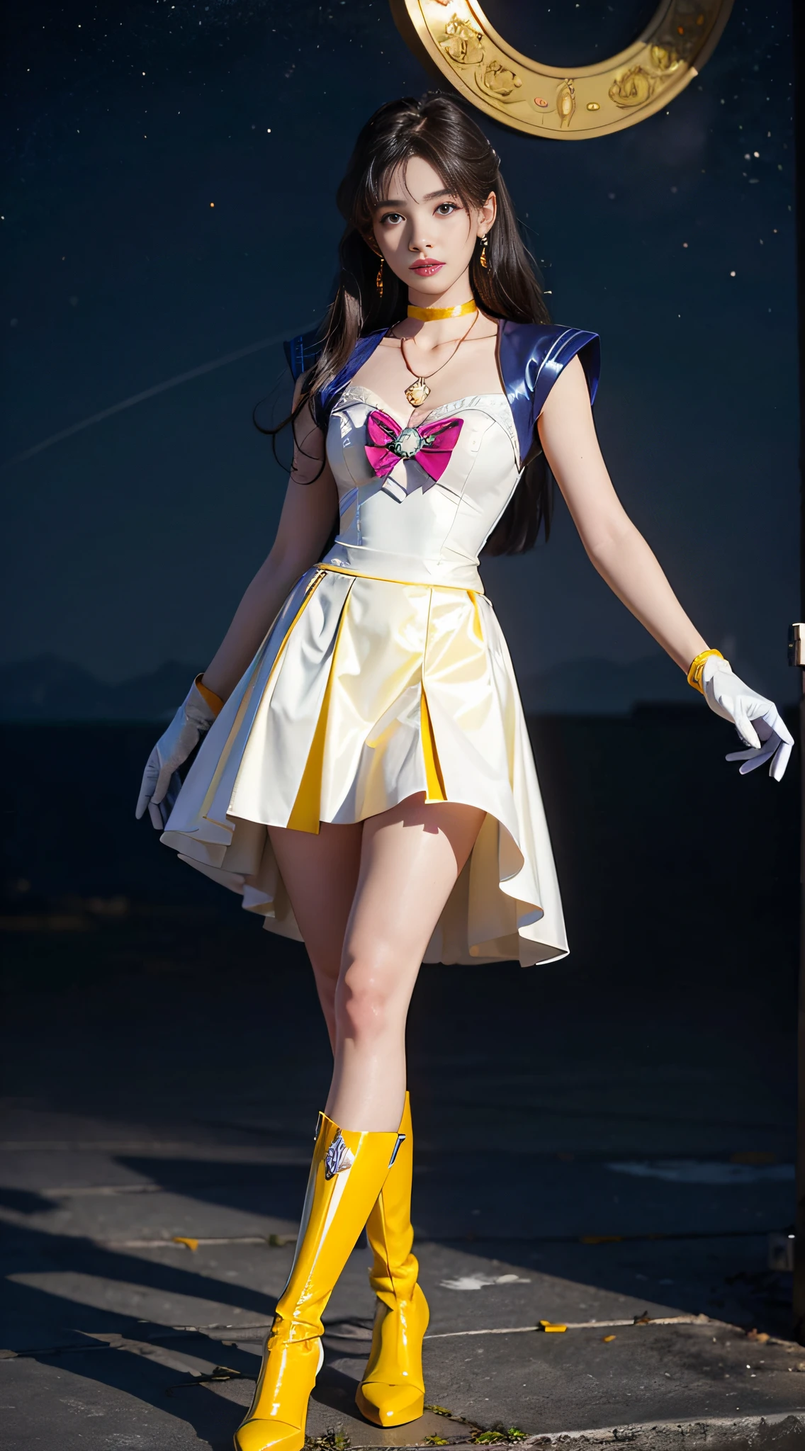 ((masterpiece:1.4)、(top-quality:1.4)、(reallistic:1.7))、masuter piece:1.4、a beauty girl、(sailormoon:1.4)、Sexy female combat suit sticking to body、(latex shiny)、(The jacket is a white sleeveless sailor suit)、(Skirt is blue sexy ultra ultra mini skirt)、The collar of the sailor suit is blue with two thin lines.、Red cloth ornament at chest、(Wearing white gloves)、Kawaii Girl、Super beauty、foco nítido、Portrait photos、Upper body photography:1.4、beautiful countenance、beautidful eyes、Narrow waist、(Yellow long hair:1.4)、Raw photo、red-lips、Red boots:1.4、a choker:1.4、a necklace:1.4、耳Nipple Ring:1.4、1 screen display、Outdoor landscape