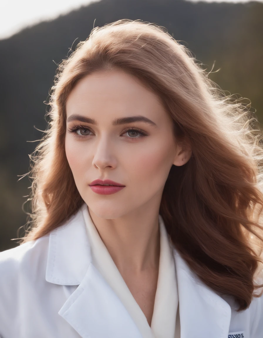 Uma garota super bonita de 28 anos com um longo cabelo vermelho profundo e liso, pele branca se parece com leite ou, dark night blue sky piercing eyes with strong striking gaze, corpo magro, um pouco de bochecha gordinha, pink lips, wearing professional medical lab coat, background lab.