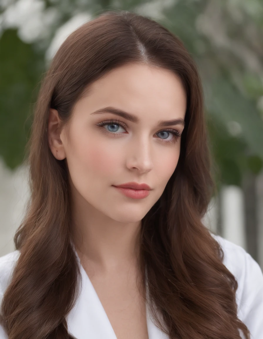 Uma garota super bonita de 28 anos com um longo cabelo vermelho profundo e liso, pele branca se parece com leite ou, dark night blue sky piercing eyes with strong striking gaze, corpo magro, um pouco de bochecha gordinha, pink lips, wearing professional medical lab coat, background lab.
