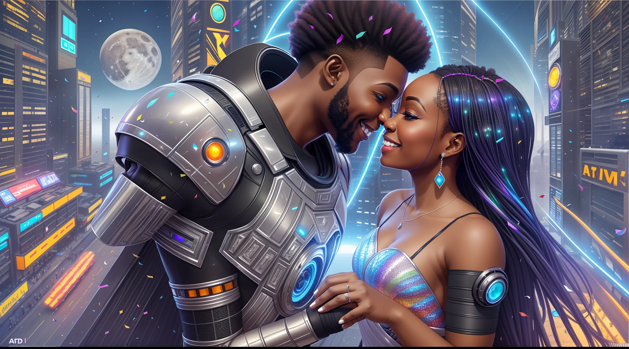 High angle shot of a Happy African man marrying African woman both wearing African designed clothes, marriage ceremony outside an African designed cyberpunk city full of African designed infrastructure, surrounded by metallic and glossy robots and androids confetti in the air, moon and stars shining, with iridescent light, scifi art, afrofuturism art, highly realistic image, 32k, ultra HD, cinematic lighting, artgerm style, cgsociety 9, deviantart --auto --s2