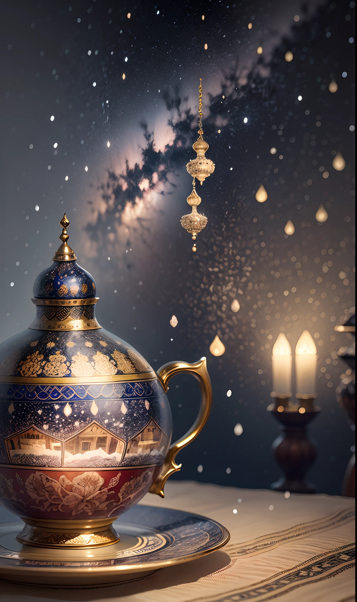 A teacup and flowers on tablecloth, View of beautiful mosques decorated with islamic lusterware, night sky, snowfall, arabian curtain and a mini lamp hanging on side --auto --s2