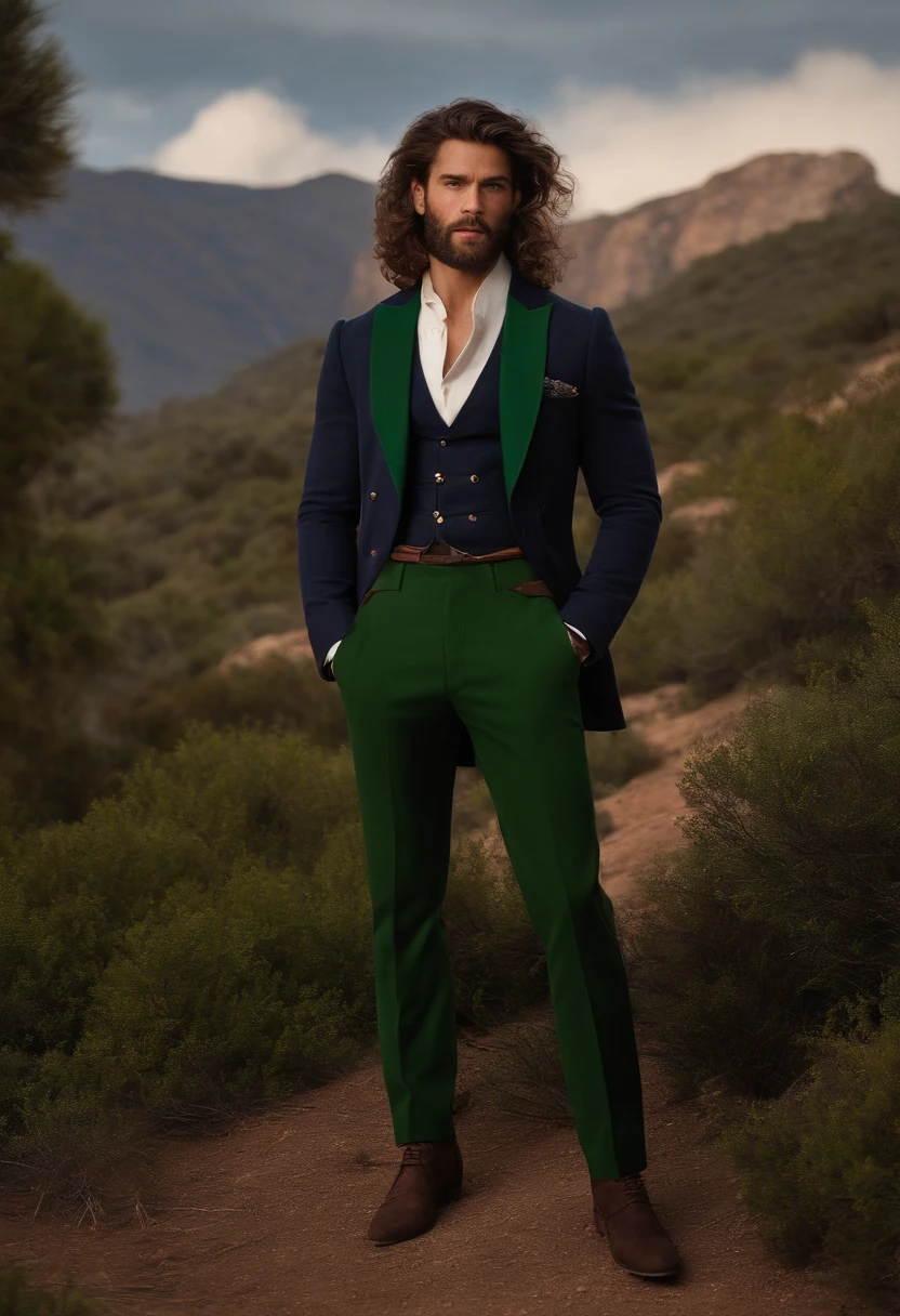 Half-strong brown dwarf, 17y, barba pequena castanha, cabelo desarrumado castanho, camisa vermelha, jaqueta verde, navy blue pants, Contemporary period