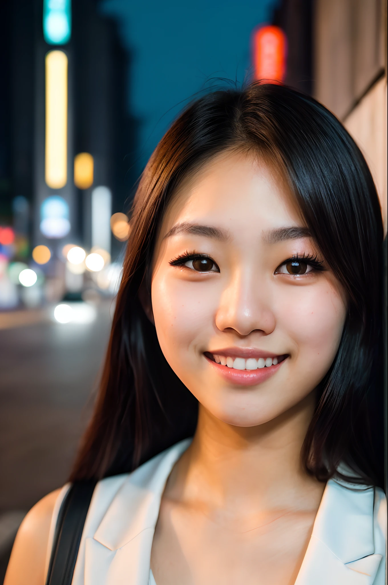 (close-up, editorial portrait photograph of a beautiful 21 year old japanese girl), (highly detailed face:1.4) (smile:0.7) (background city streets at night:1.3) POV, nikon d850, film stock photograph ,4 kodak portra 400 ,camera f1.6 lens ,rich colors ,hyper realistic ,lifelike texture, cinematic lighting , cinestill 800,