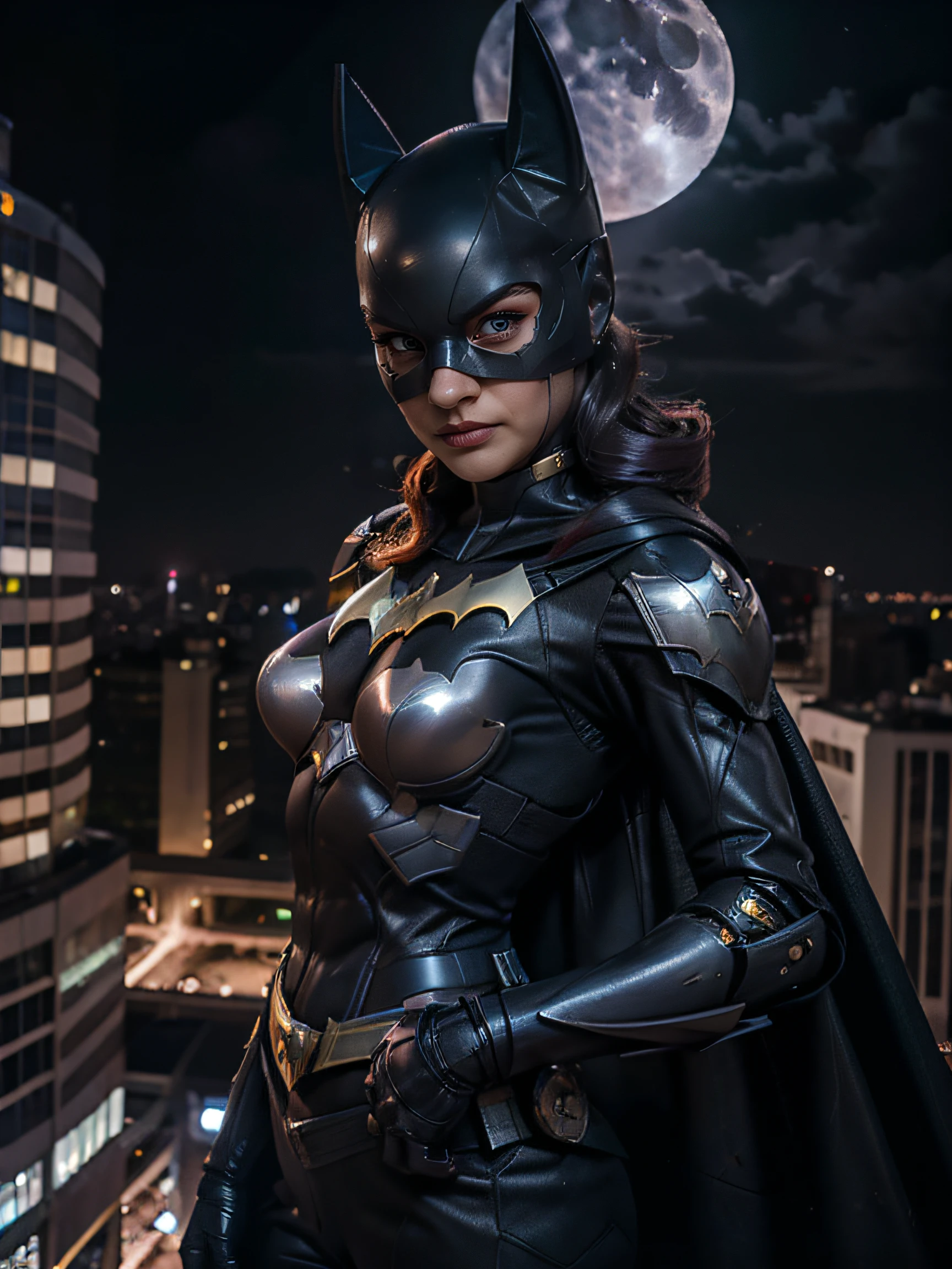 Batgirl, batgirl mask, superheroe pose, angry face, imponent, at night, top of building, watching the city, below view, f 1. 2, sharp focus, 8 k high definition, fisheye lens. planeando sobre la ciudad, full moon. calidad alta, grey eyes, punching to the camera