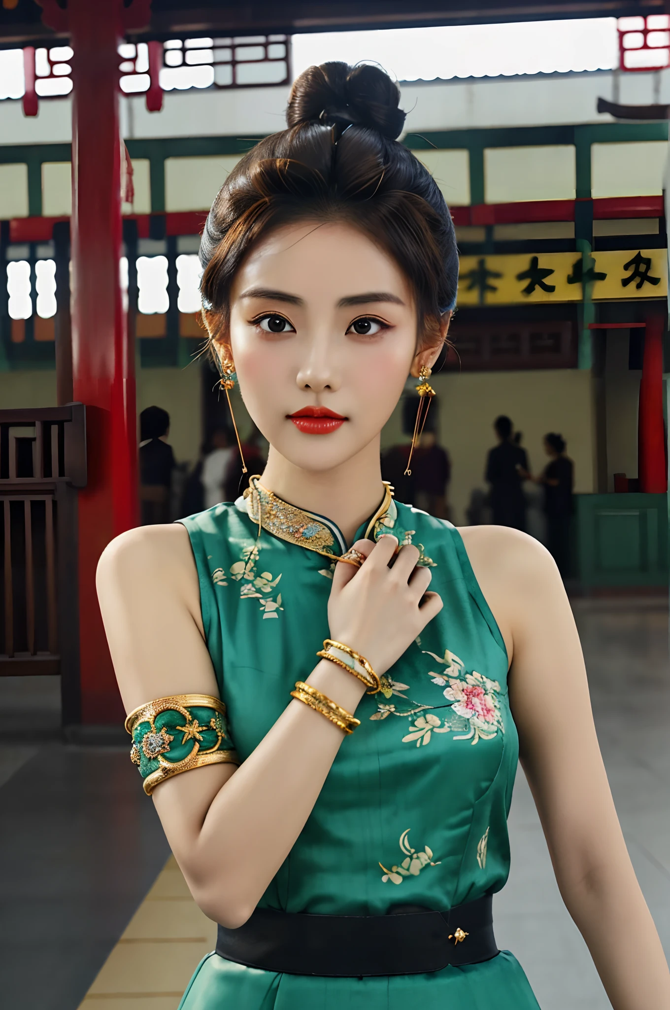 ((Realistic:1.5)),Ulzzang-6500:1.3，((Best quality)), ((Masterpiece)),((Detailed)),2girls,duo,Railway Station Shanghai in the 1920s,Vintage train background:1.4,{2 beautiful women}, (Upper body:1.3),(hair-bun,Chinese vintage hairpin:1.4),Hug and touch each other, Tease your friend's waist, Breathless friends, Biting a friend's earlobe, crouched,super wide shot,Face focus, Long legs,Curvy, Barefoot,Wide hips, Thin legs, Oversized eyes,Long eyelashes, (Detailed face,beautidful eyes, Detailed pupils,detailed clothes features), (armlets, bangle:1.3),(Alebriès Art Style),Sharp,Perfect compounding, Intricate, Sharp focus, Dramatic,