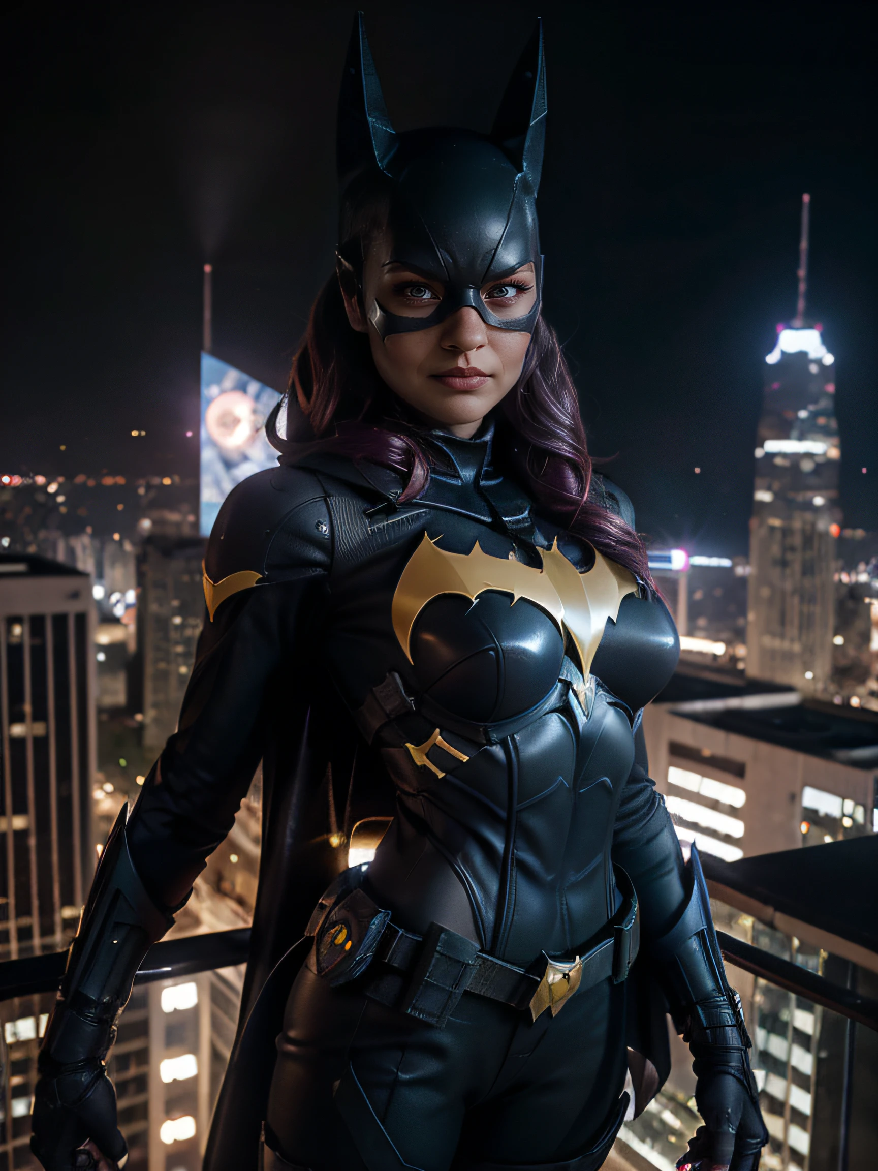 Batgirl, batgirl mask, superheroe pose, angry face, imponent, at night, top of building, watching the city, below view, f 1. 2, sharp focus, 8 k high definition, fisheye lens. planeando sobre la ciudad, full moon. calidad alta, grey eyes, punching to the camera