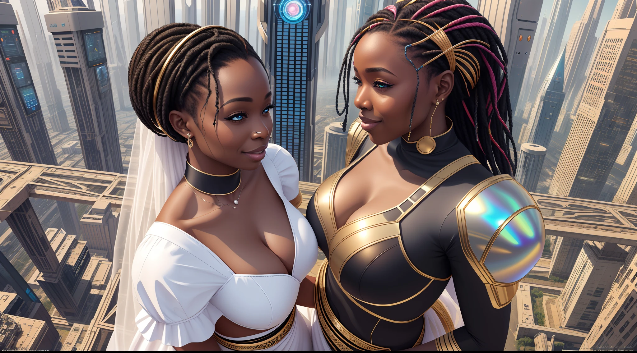 High angle shot of a Happy African man marrying African woman both wearing African designed clothes, marriage ceremony outside an African designed cyberpunk city full of African designed infrastructure, surrounded by metallic and glossy robots and androids confetti in the air, moon and stars shining, with iridescent light, scifi art, afrofuturism art, highly realistic image, 32k, ultra HD, cinematic lighting, artgerm style, cgsociety 9, deviantart --auto --s2