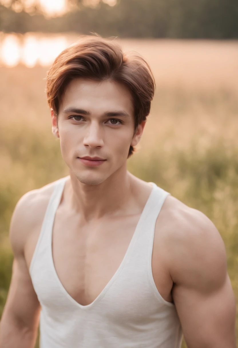 A handsome boy, 25 years old, brown spiky hair, light hazel brown eyes, masculine pose standing in a meadow, mysterious lighting, muscular physique, looking into the camera, upper body close up, polish, 8k UHD, SLR camera, soft lighting, high quality, film grain, Fujifilm XT3, with coffe
