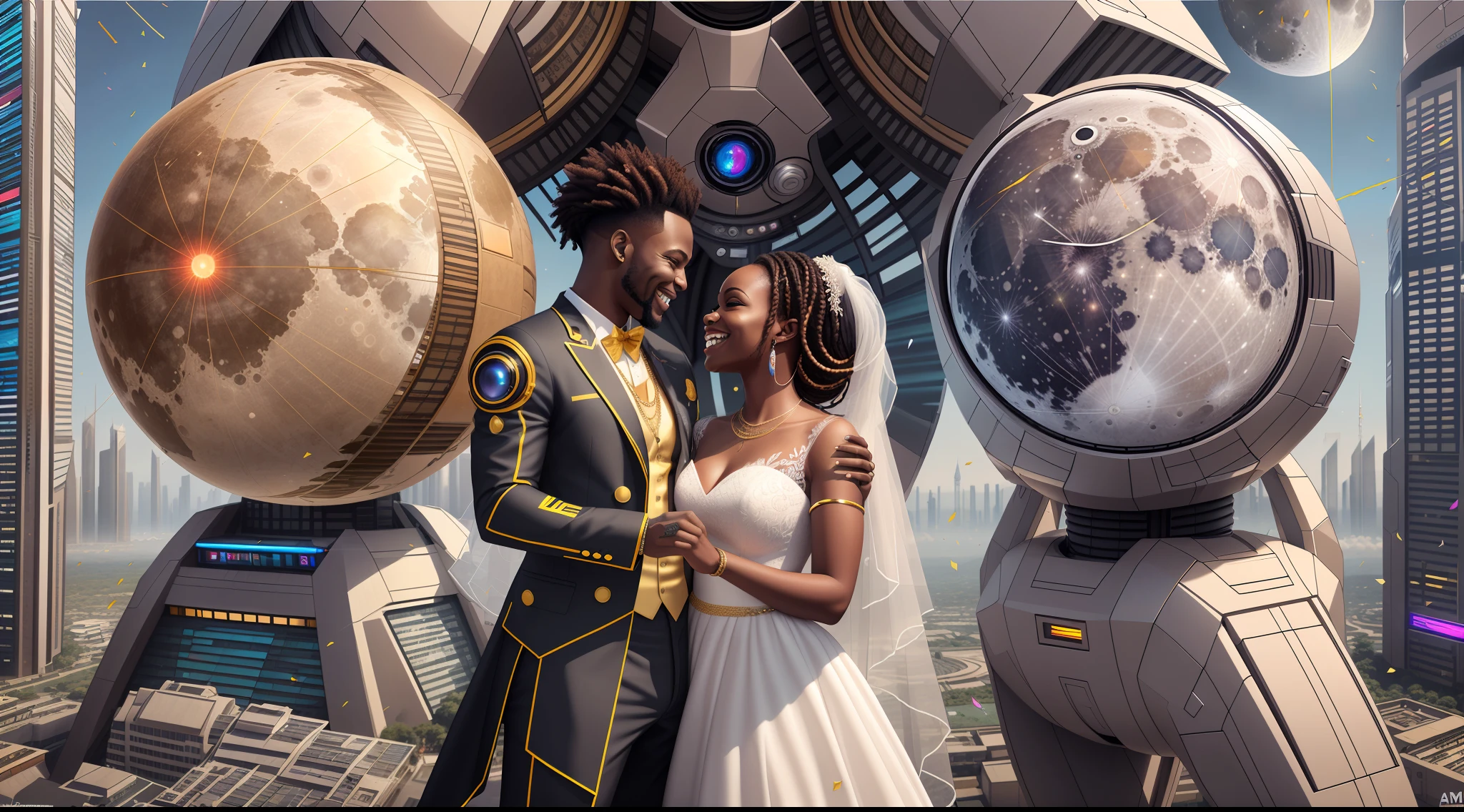 High angle shot of a Happy African man marrying African woman both wearing African designed clothes, marriage ceremony outside an African designed cyberpunk city full of African designed infrastructure, surrounded by metallic and glossy robots and androids confetti in the air, moon and stars shining, with iridescent light, scifi art, afrofuturism art, highly realistic image, 32k, ultra HD, cinematic lighting, artgerm style, --auto --s2