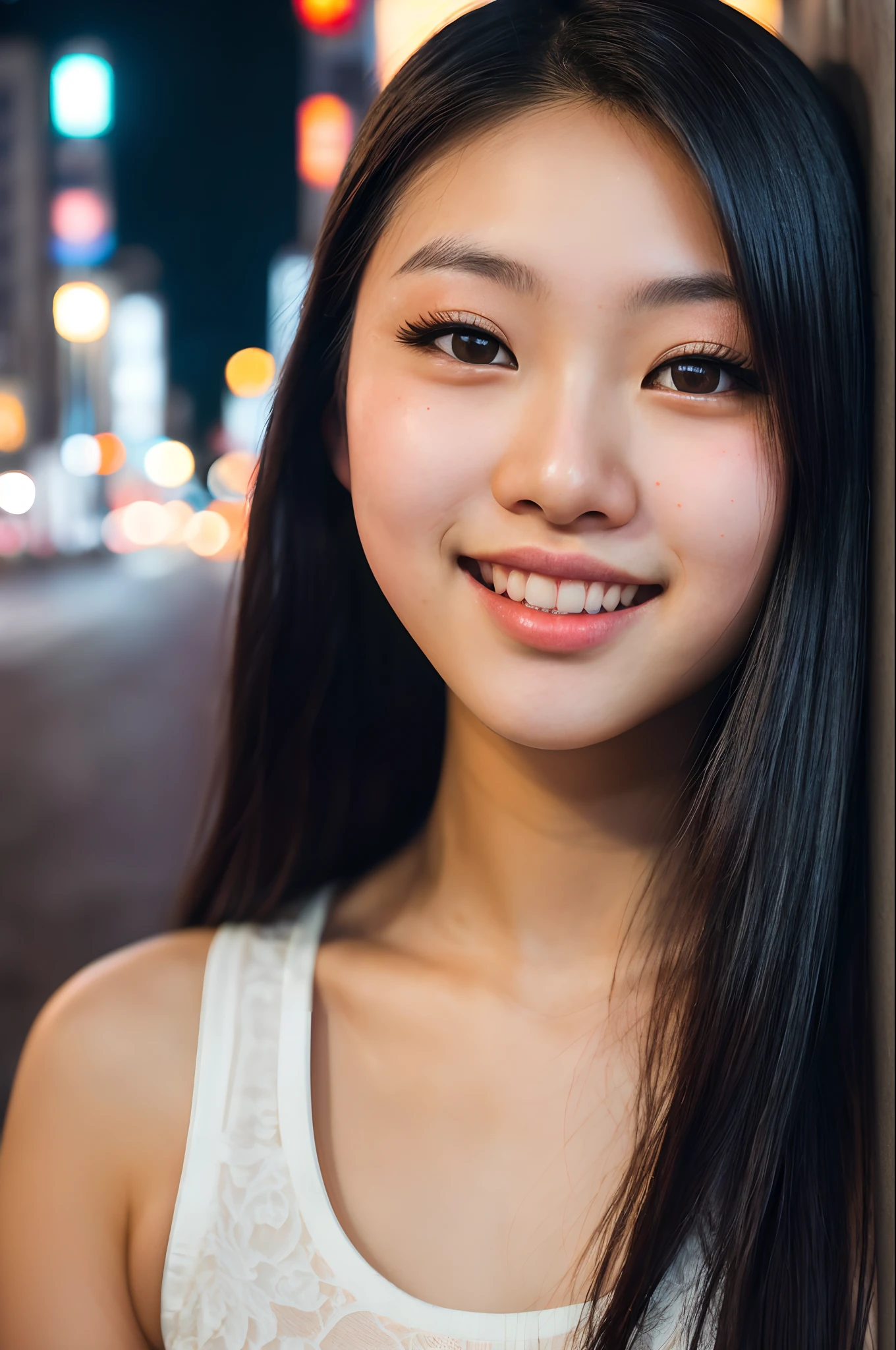 (close-up, editorial portrait photograph of a beautiful 21 year old japanese girl), (highly detailed face:1.4) (smile:0.7) (background city streets at night:1.3) POV, nikon d850, film stock photograph ,4 kodak portra 400 ,camera f1.6 lens ,rich colors ,hyper realistic ,lifelike texture, cinematic lighting , cinestill 800,