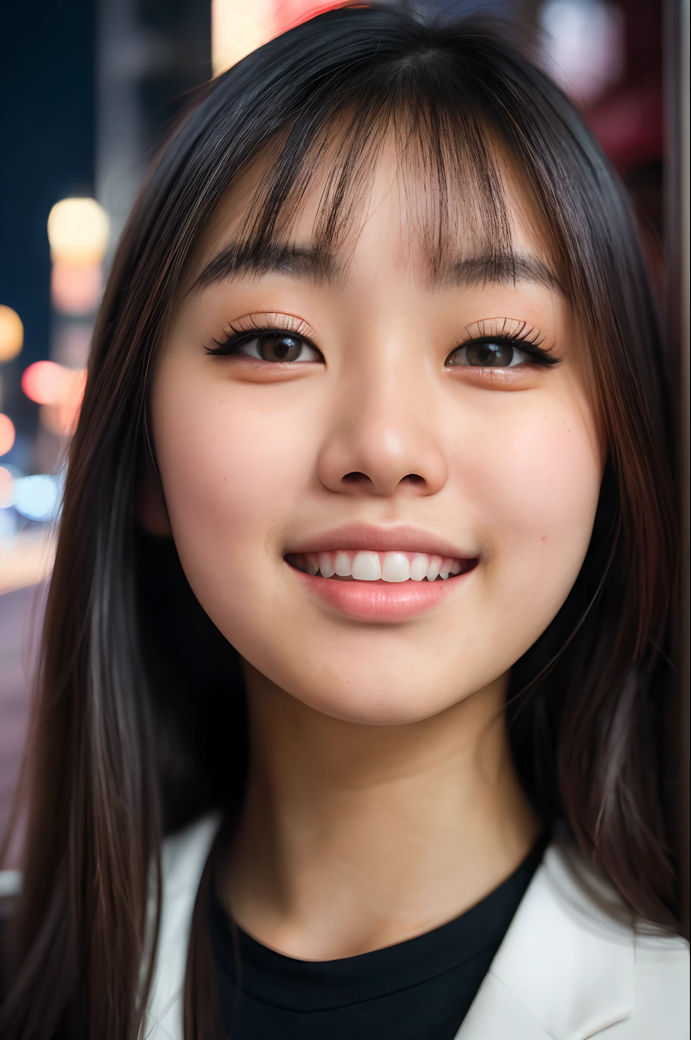 (close-up, editorial portrait photograph of a beautiful 21 year old japanese girl), (highly detailed face:1.4) (smile:0.7) (background city streets at night:1.3) POV, nikon d850, film stock photograph ,4 kodak portra 400 ,camera f1.6 lens ,rich colors ,hyper realistic ,lifelike texture, cinematic lighting , cinestill 800,