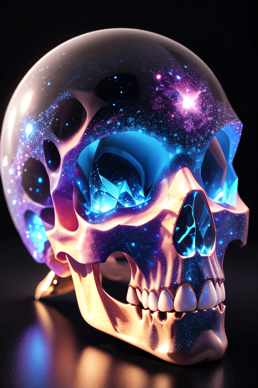 a very detailed and magnificent crystal alien skull reveals the very detailed galaxy and stars inside it