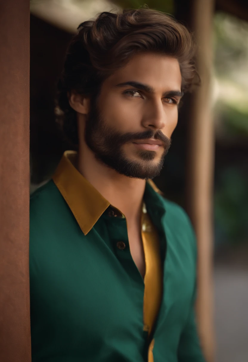 Garoto muito baixo, marrento, funny face, 17y, barba pequena castanha, cabelo desarrumado castanho, camisa vermelha, jaqueta verde, navy blue pants, dias atuais