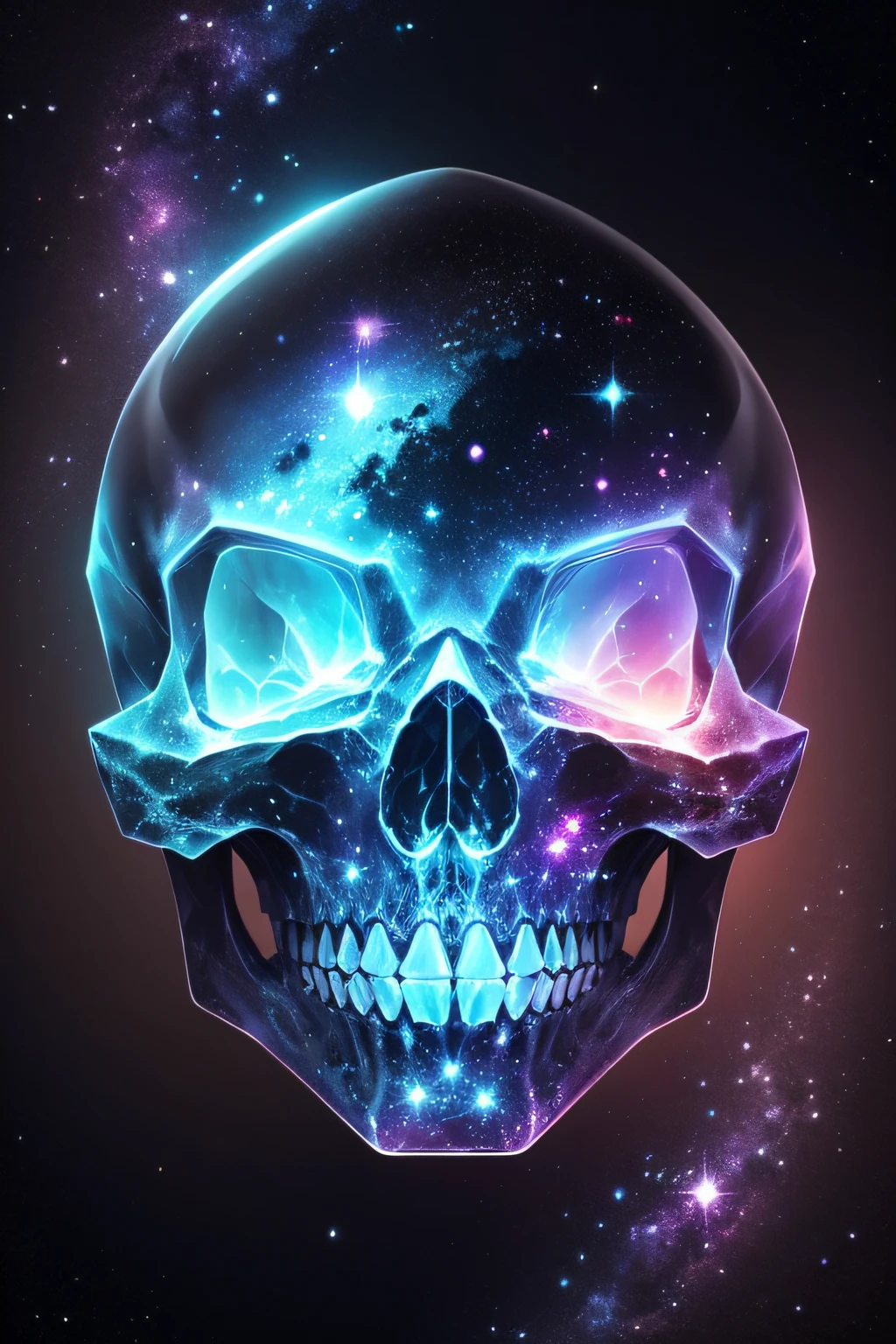 a very detailed and magnificent crystal big alien skull reveals the very detailed galaxy and stars inside it