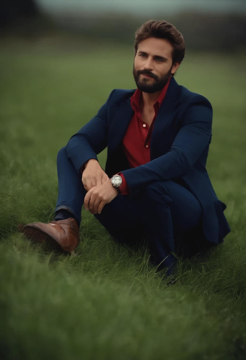 Garoto muito baixo, marrento, funny face, 17y, barba pequena castanha, cabelo desarrumado castanho, camisa vermelha, jaqueta verde, navy blue pants, dias atuais