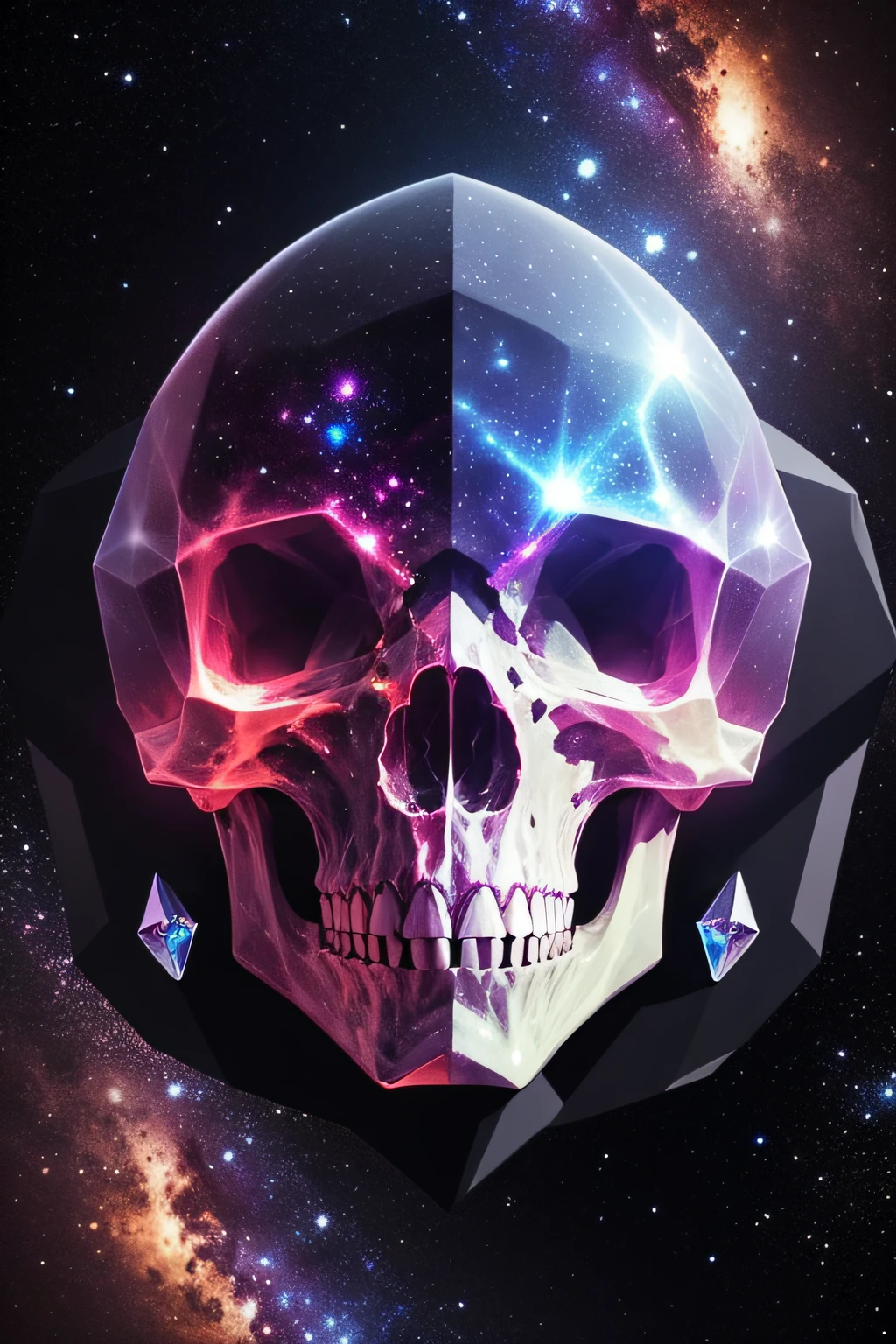 a very detailed and magnificent crystal big alien skull reveals the very detailed galaxy and stars inside it