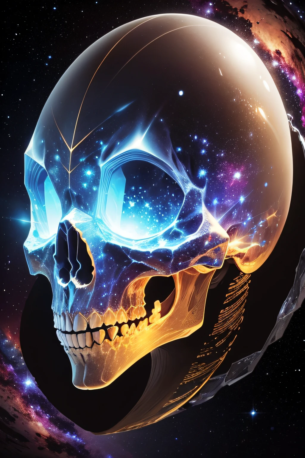 a very detailed and magnificent crystal alien skull reveals the very detailed galaxy and stars inside it