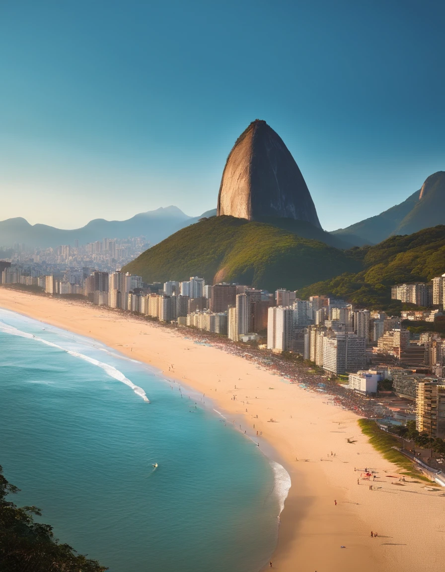 cyberpunk, Ilustre uma cena ensolarada de praia no Rio de Janeiro, with people playing volleyball, praticando capoeira e relaxando na areia. Include Sugarloaf Mountain and the city's characteristic skyline.