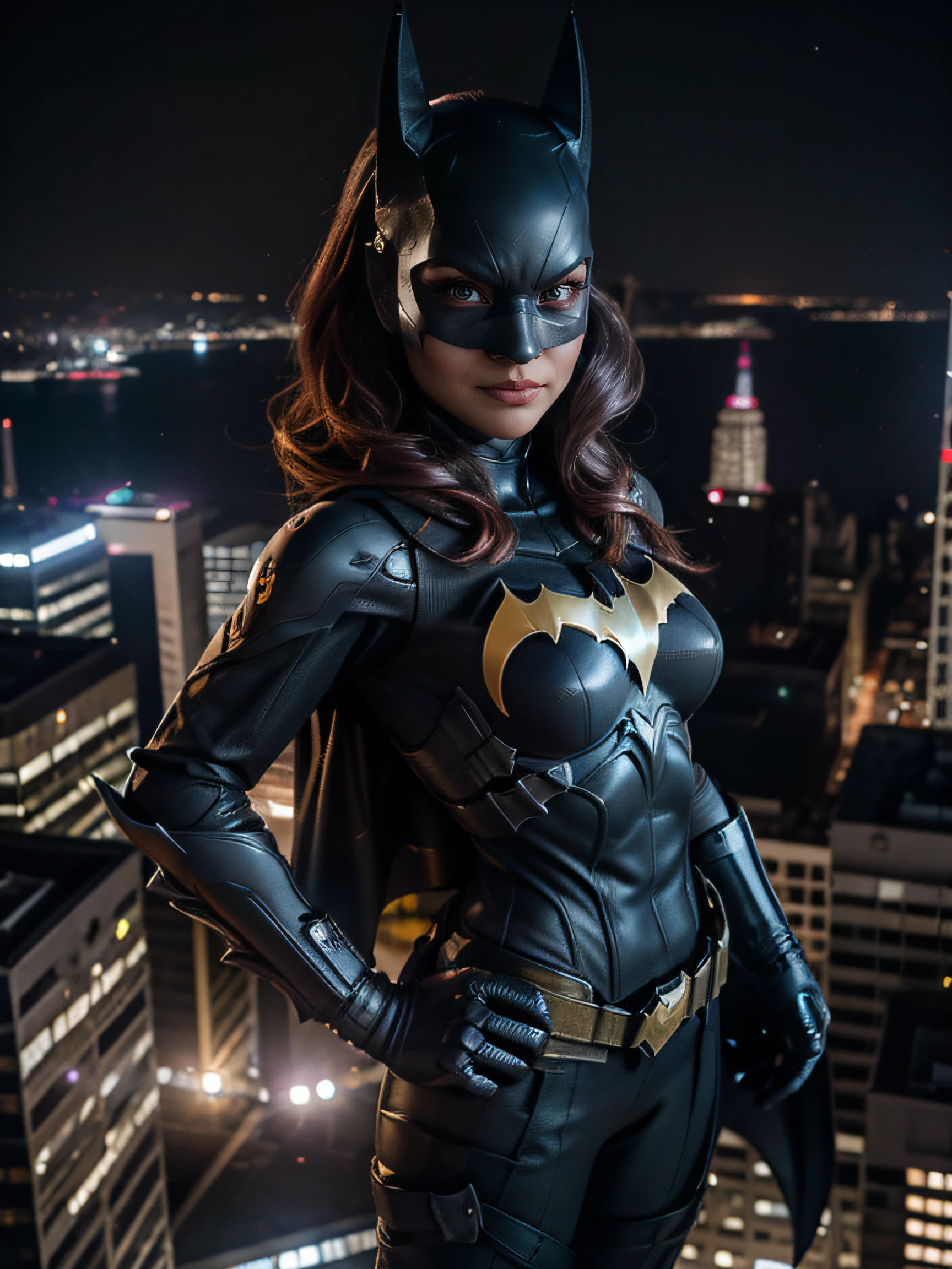 Batgirl, batgirl mask, superheroe pose, angry face, imponent, at night, top of building, watching the city, below view, f 1. 2, sharp focus, 8 k high definition, fisheye lens. planeando sobre la ciudad, full moon. calidad alta, grey eyes, punching to the camera