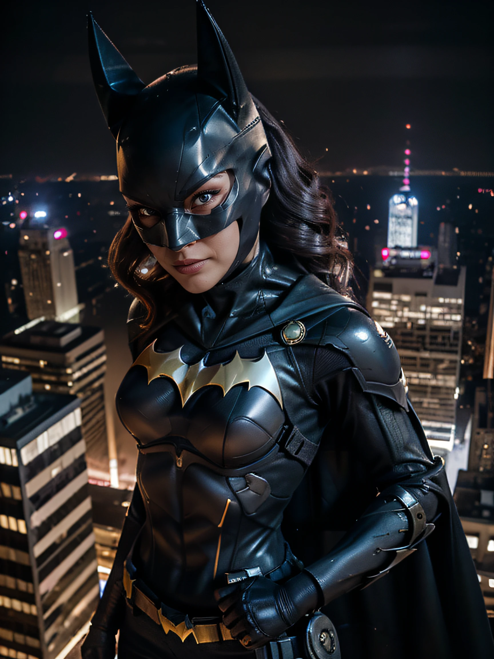 Batgirl, batgirl mask, superheroe pose, angry face, imponent, at night, top of building, watching the city, below view, f 1. 2, sharp focus, 8 k high definition, fisheye lens. planeando sobre la ciudad, full moon. calidad alta, grey eyes, punching to the camera