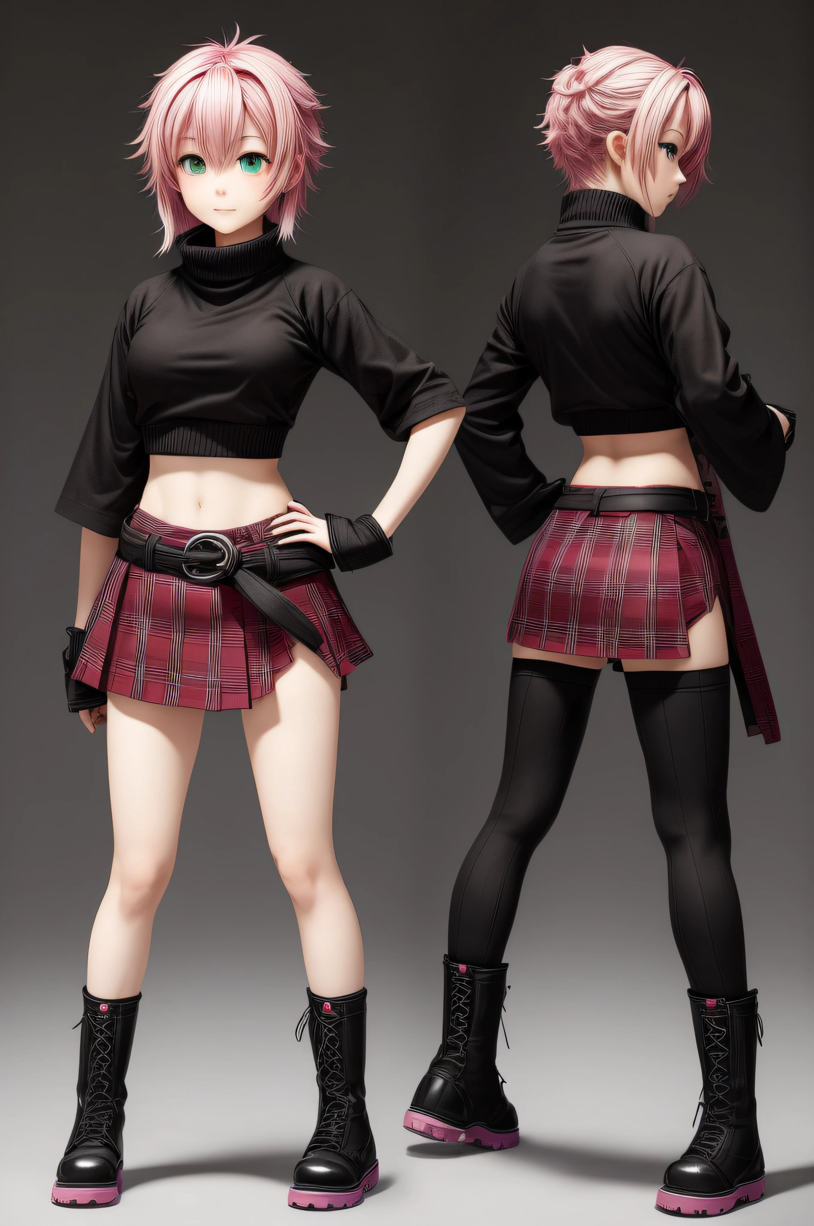 A front and back view of a female punk of British descent, designed in a Pixar style. The punk is depicted in a playful and vibrant manner, similar to the style shown in the reference image. She wears a Plaid skirt with a graphic tee, fishnet tights, and creepers. Her hair is styled in edgy punk manner, and she has a friendly and approachable expression. The front view shows her standing confidently, while the back view highlights the details of her outfit and hairstyle. The overall design is clean and colorful, capturing the whimsical and endearing qualities typical of Pixar's character style. Highly detailed, 8k, smooth, sharp focus trending on artstation, digital painting, by Stanley Artgerm Lau, WLOP, Rossdraws, James Jean, Andrei Riabovitchev, Marc Simonetti, and Sakimichan

