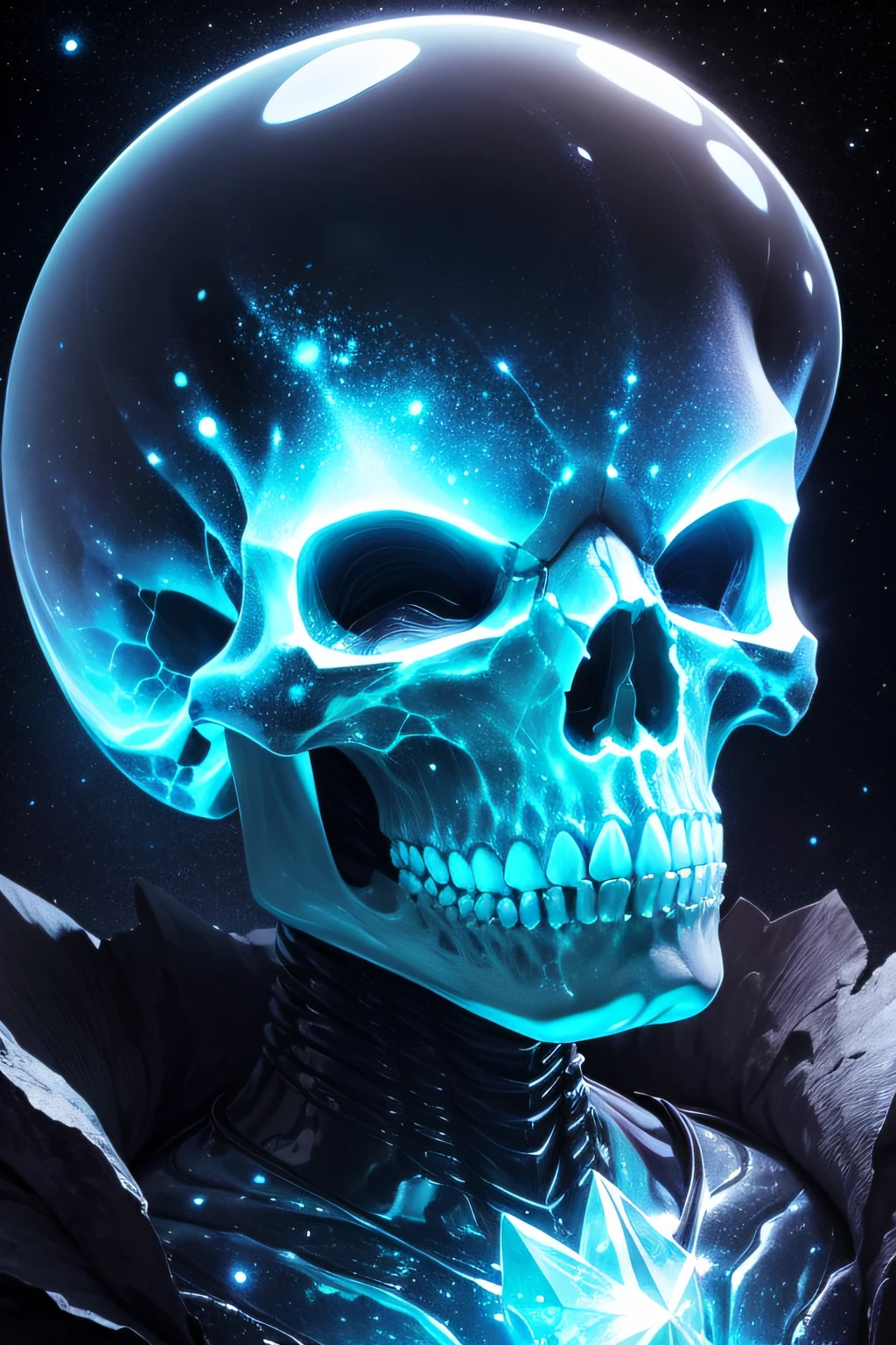 a very detailed and magnificent crystal terrific abig alien skull reveals the very detailed galaxy and stars inside it