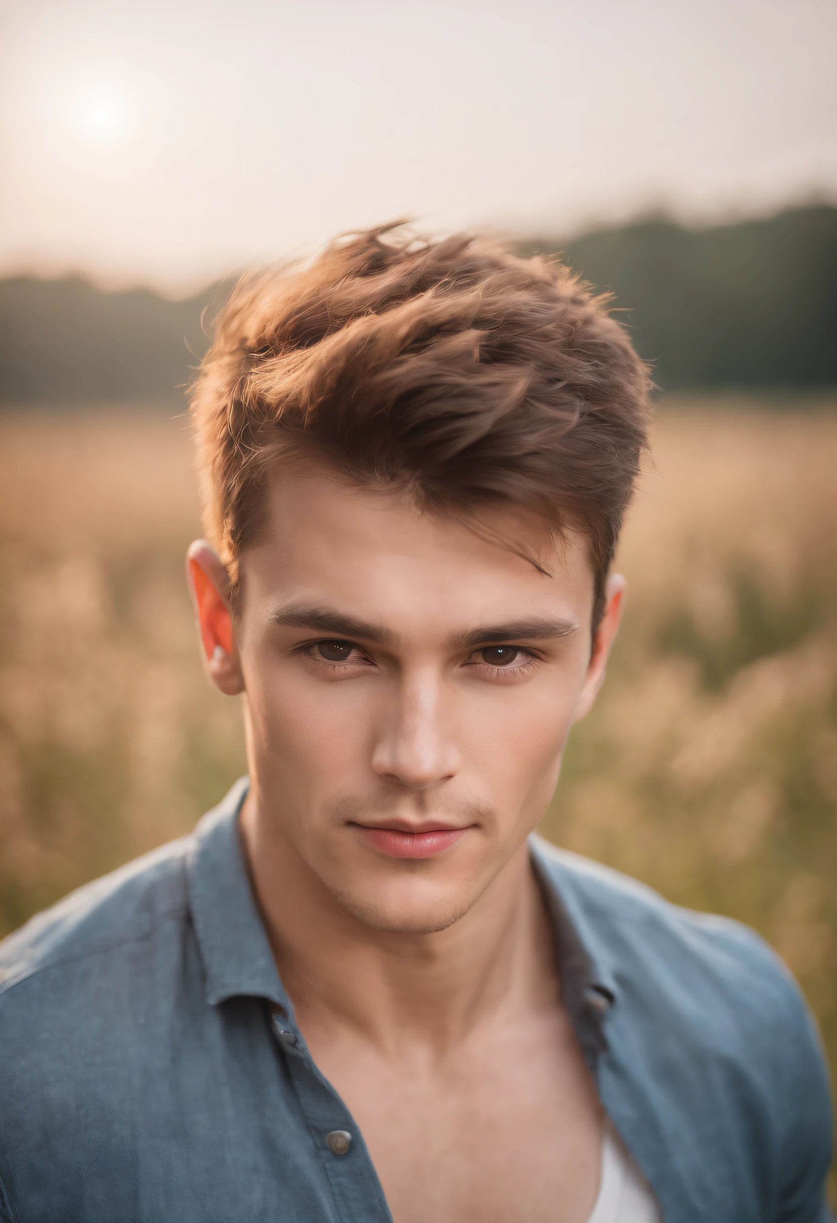 A handsome boy, 25 years old, brown spiky hair, light hazel brown eyes, masculine pose standing in a meadow, mysterious lighting, muscular physique, looking into the camera, upper body close up, polish, 8k UHD, SLR camera, soft lighting, high quality, film grain, Fujifilm XT3, with coffe