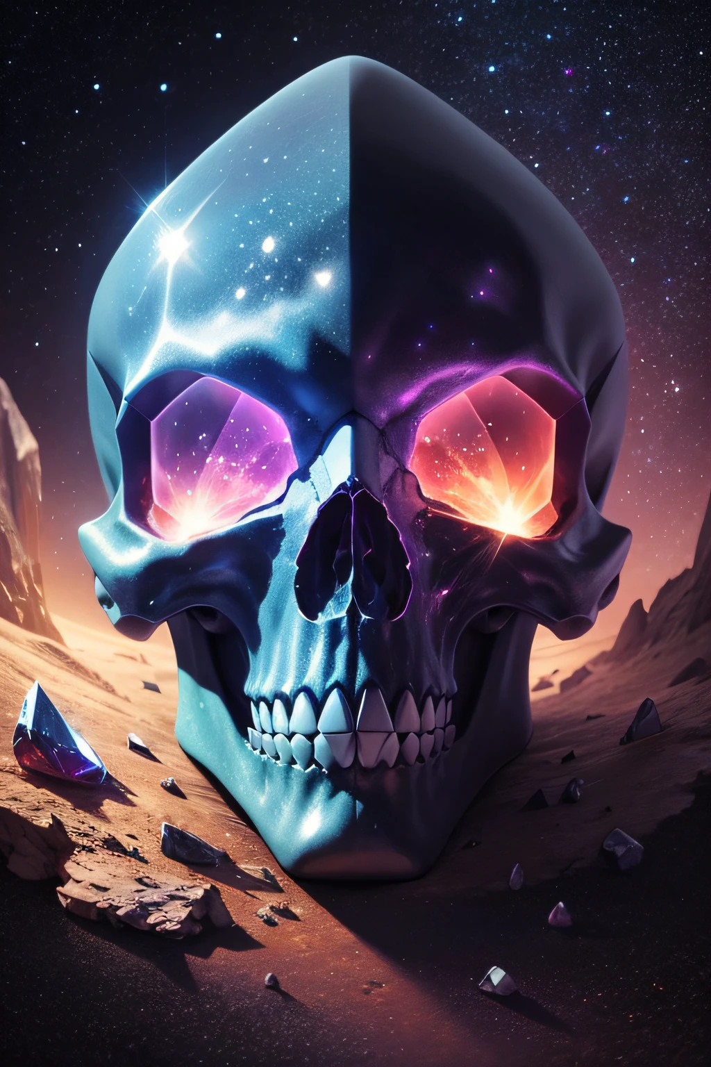 a very detailed and magnificent crystal terrific abig alien skull reveals the very detailed galaxy and stars inside it