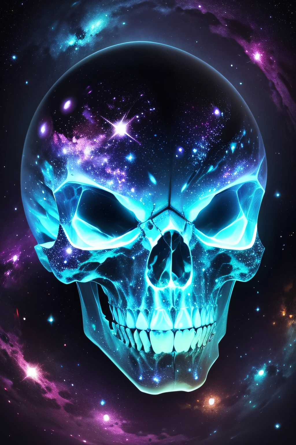a very detailed and magnificent crystal terrific abig alien skull reveals the very detailed galaxy and stars inside it
