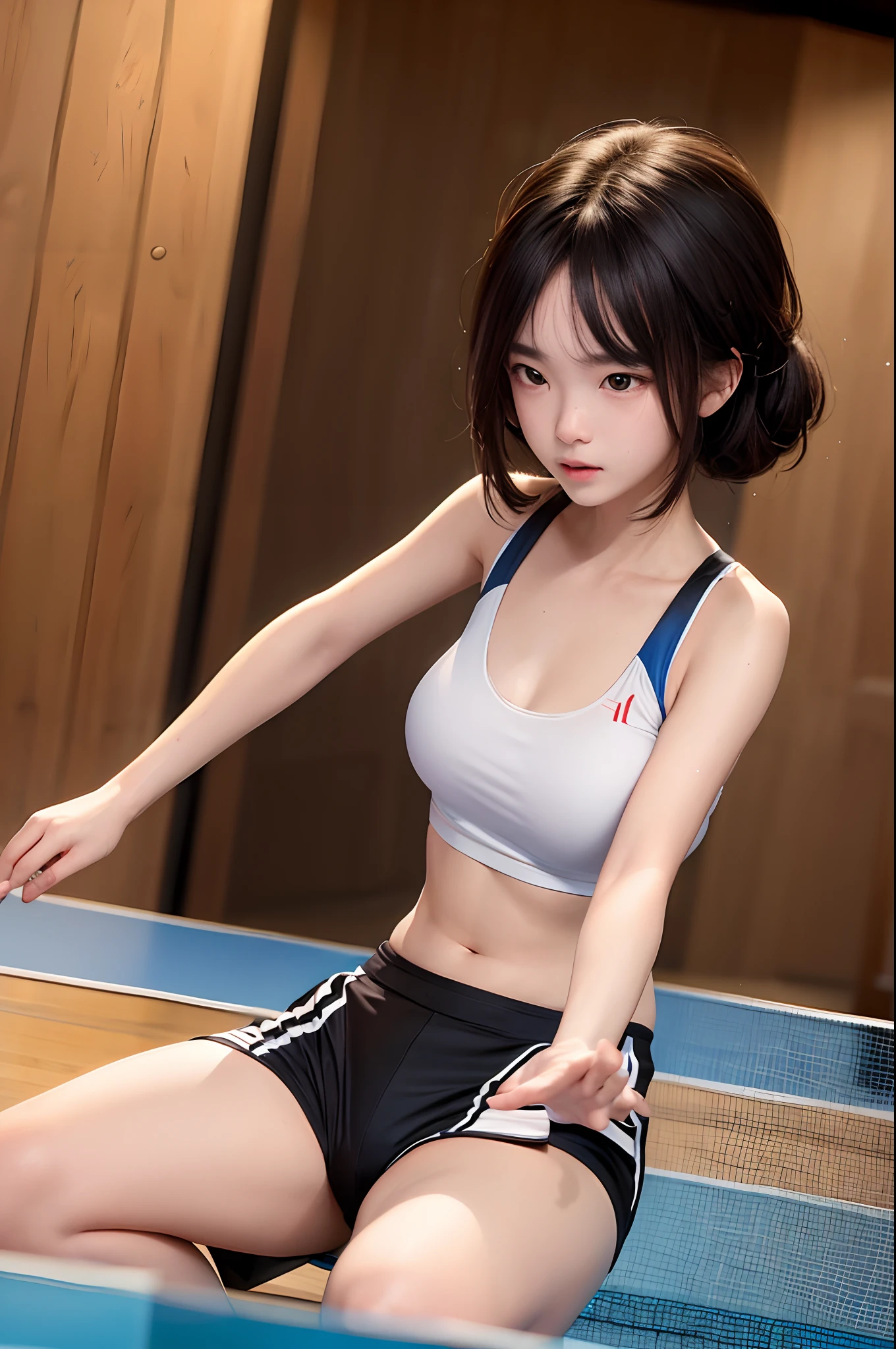 (Best Quality,8K,hight resolution,masuter piece:1.2),Ultra-detailed,Realistic:1.37,Portrait,Dynamic Angle,(female ping-pong player) ,age girl,small head,Cute,Sporty,Charming face,Detailed beauty face,Very realistic skin,Wet skin,Sweat,Large breasts,Narrow waist,nice legs ,Sporty,ping-pong venue,Cinematic lighting,