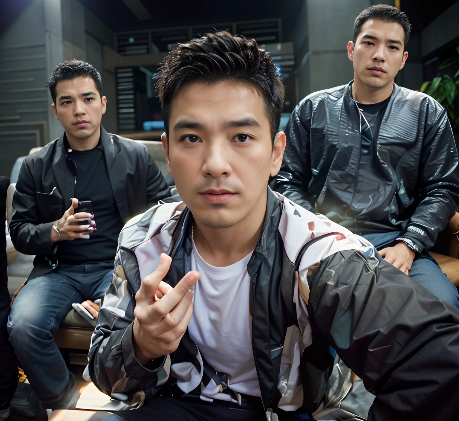 (gangbang) brunette short hair, around man gropping him , diverse faces, smirk, thong, plain_background, logo, (bare thighs ) , sexy , NSFW , eroticism , ((only male )), handsome Korean men, (((only boys ))), (((only men))) , erection