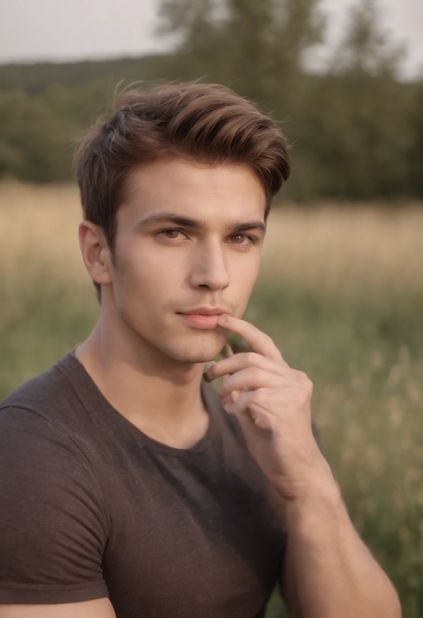 A handsome boy drinking coffe, 25 years old, brown spiky hair, light hazel brown eyes, masculine pose standing in a meadow, mysterious lighting, muscular physique, looking into the camera, upper body close up, polish, 8k UHD, SLR camera, soft lighting, high quality, film grain, Fujifilm XT3