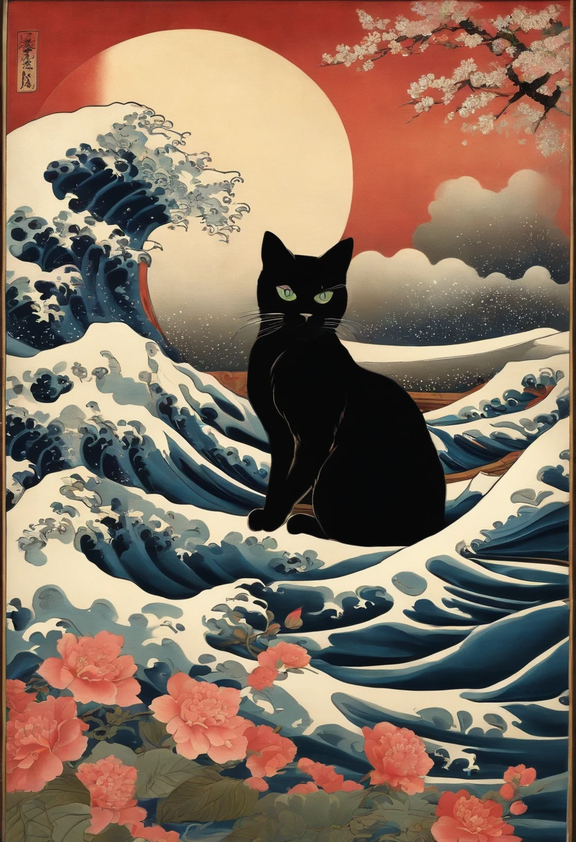 black cat with antique japanese painting and the great wave