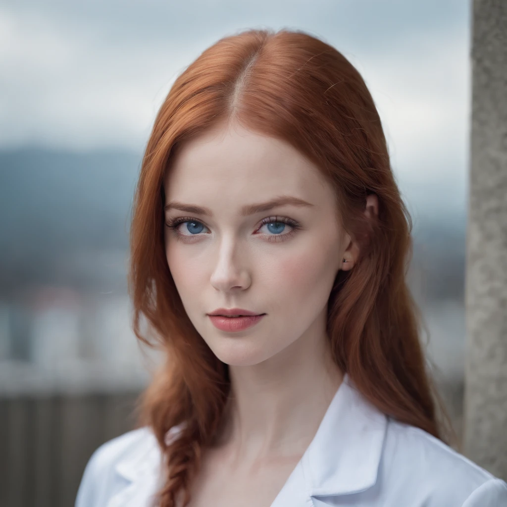 A super beautiful 28 year old girl with long straight red hair, white skin looks like milk or, piercing dark sky blue eyes with a strong and striking look, slender body, a little chubby cheek, pink lips, professional medical coat, deep laboratory .