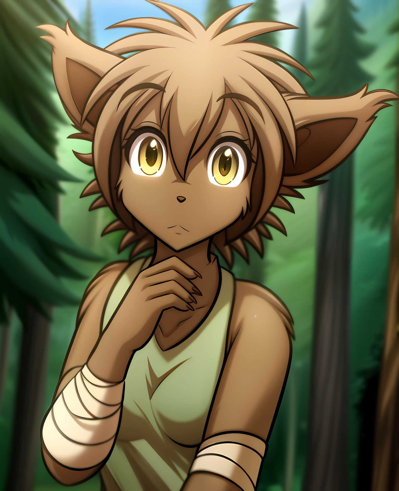 Madelyn , Madelyn Adelaide, twokids, (best quality, masterpiece:1), solo, furry female anthro, yellow eyes, wraps chest, short hair, light brown hair, portrait, fingers, finger claws, looking at viewer, tail, (outdoors dark forest trees blurry blurred background:1.1)