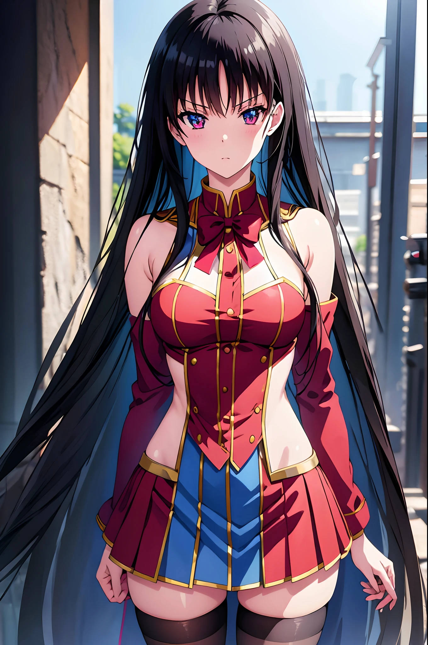 black hair, red eyes, demon tail, hairband, long hair, mechanical tail, multicolored hair, tail, (small breasts:1.2), BREAK jacket, skirt, striped, striped thighhighs, thighhighs, shirt, white shirt, blue skirt, zettai ryouiki, blue sleeves, red sleeves, BREAK looking at viewer, upper body, fully body, BREAK outdoors, BREAK (masterpiece:1.2), best quality, high resolution, unity 8k wallpaper, (illustration:0.8), (beautiful detailed eyes:1.6), extremely detailed face, perfect lighting, extremely detailed CG, (perfect hands, perfect anatomy),